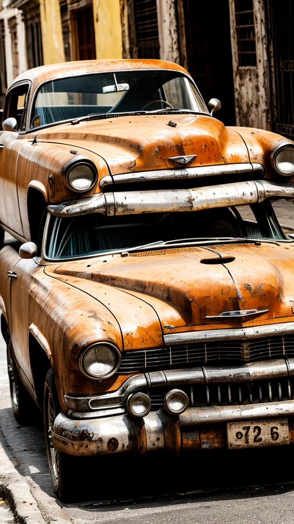 Pyrography of old car in Havana. urban landscape. monochrome. Front view monochrome background and color car