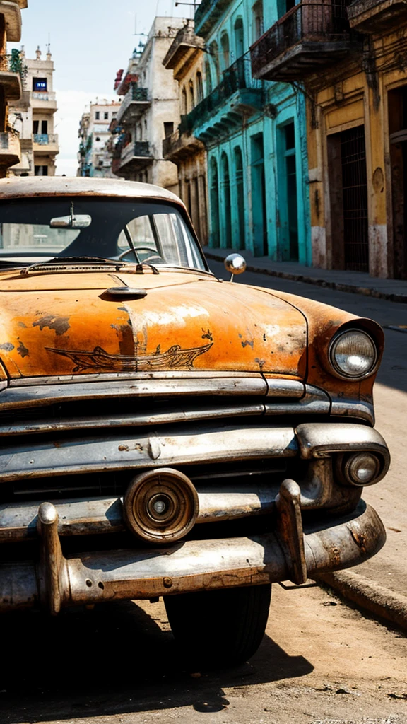 Pyrography of old car in Havana. urban landscape. monochrome. Front view monochrome background and color car