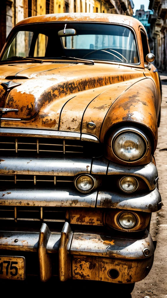 Pyrography of old car in Havana. urban landscape. monochrome. Front view monochrome background and color car