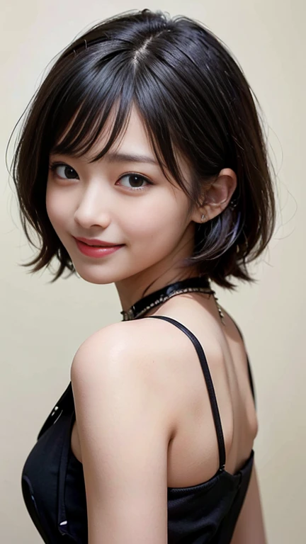 ((Highest quality、masterpiece、High resolution))、(((Zoom photo of upper body、Black Hair)))、(A shy smile:1.2)、One Woman、Beautiful Skin、Beautiful Eyes, Black Dress、Shorn bangs、short hair