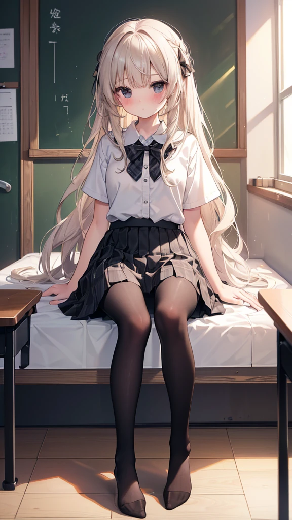 (8K、Best image quality、Highest quality、masterpiece)、One tall girl、((whole body))、Sit on the floor with your legs spread、White panties are visible、Long Hair、Wavy Hair、blush、Medium Bust、White collared shirt、Short sleeve、((Checkered pleated mini skirt))、Classroom Background、((black tights))、Black Pantyhose、((No shoes))