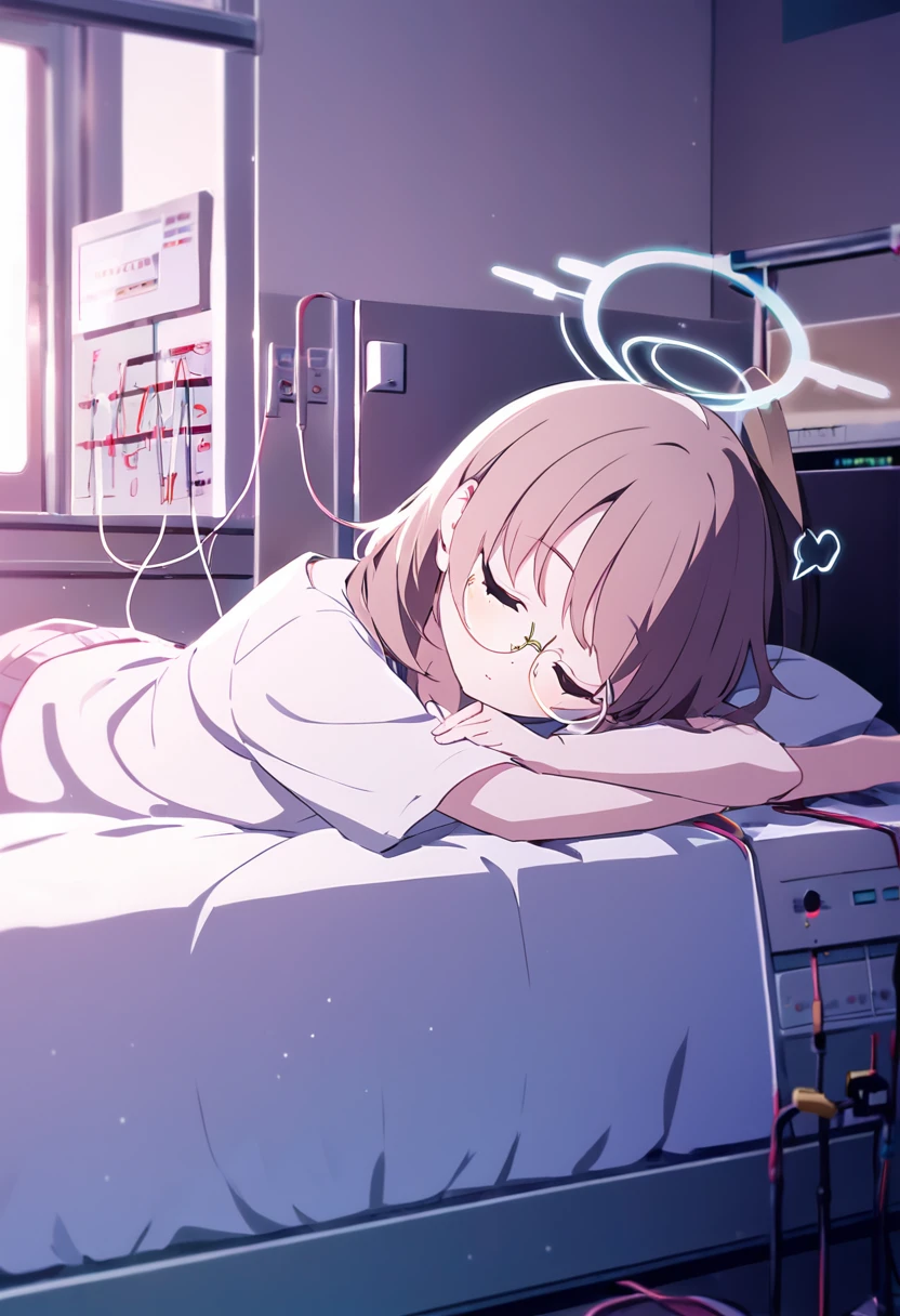cute、low length、hospital着、Round Glasses、girl、hospital、On the bed、Are sleeping、electro-cardiogram