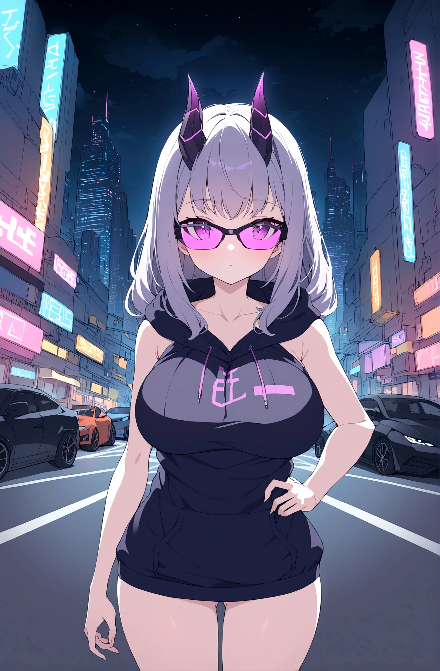 Slim girl, huge tits, standing at the middle of road, wearing black purple hoodie without one arm print, wearing cyber glasses, neon city, at night, cars, cybernetic horns