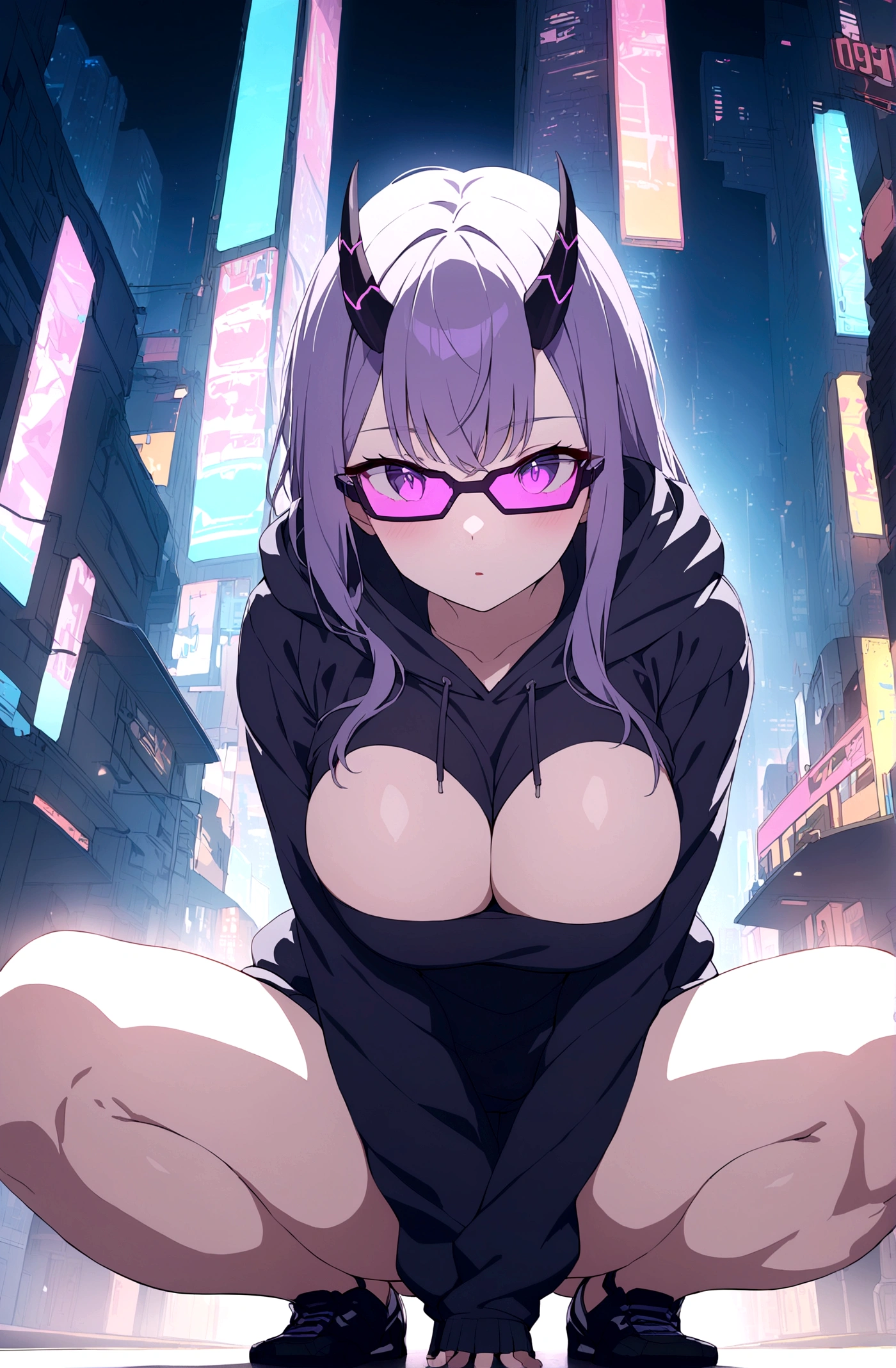Slim girl, huge tits, squatting at the middle of road, wearing black purple hoodie without one arm print, wearing cyber glasses, neon city, at night, cars, cybernetic horns