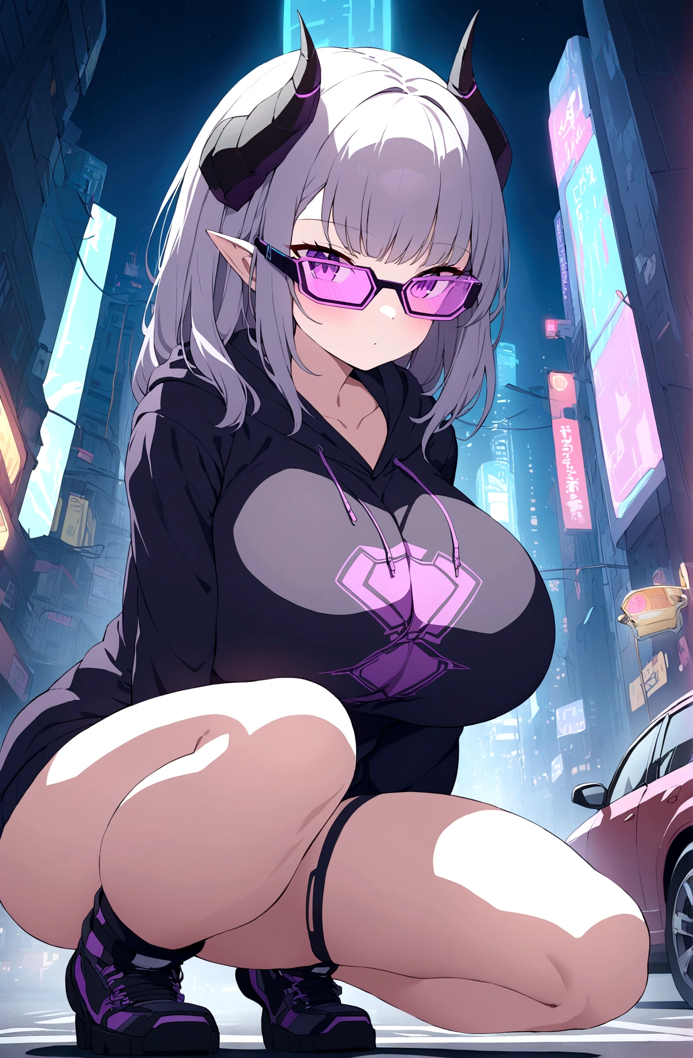 Slim girl, huge tits, squatting at the middle of road, wearing black purple hoodie without one arm print, wearing cyber glasses, neon city, at night, cars, cybernetic horns