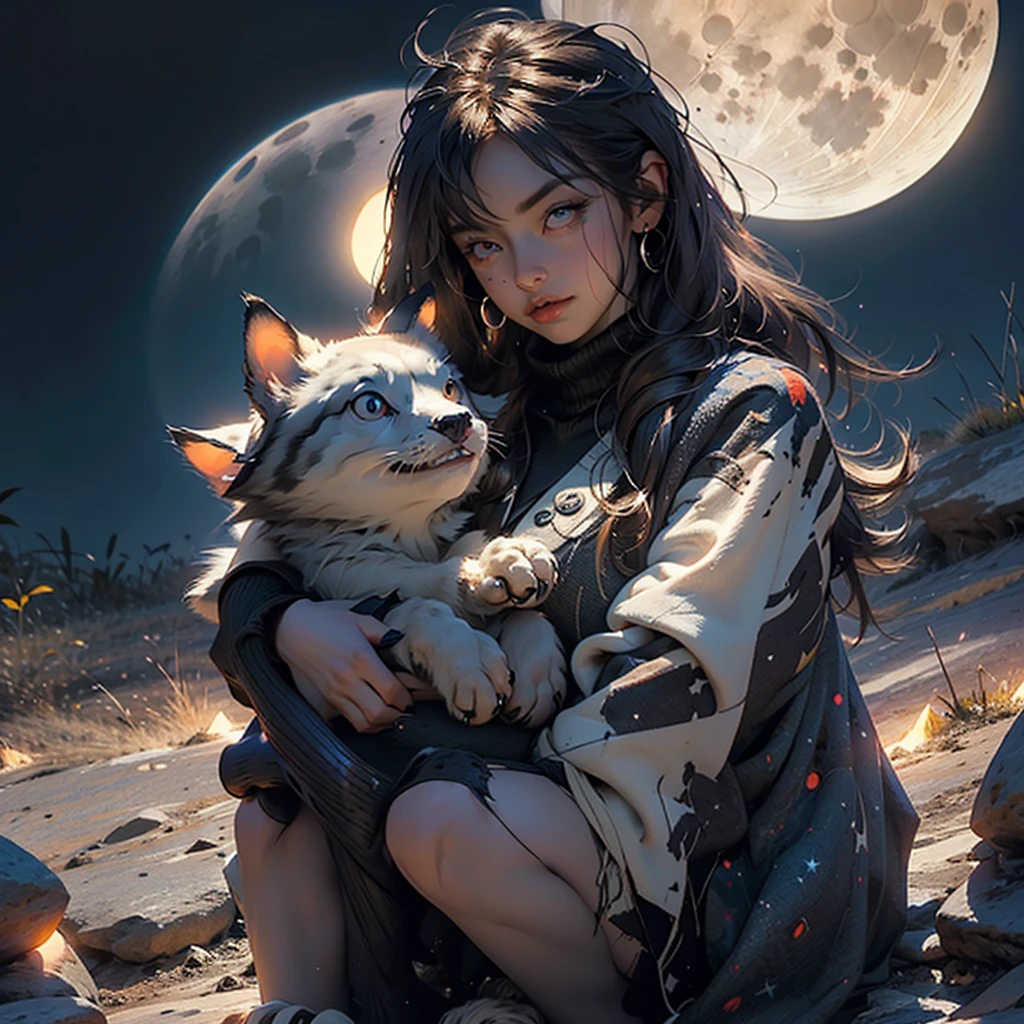 rocks, big moon in the sky with eyes, night, stars, beautiful color combination of sunset and night