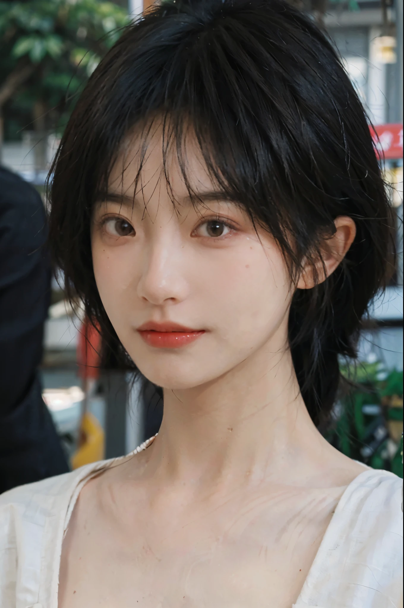 (Skin details:1.4), (smooth skin textures:1.3), Lipstick, background, earrings, serene, calm, Suspenders,(Realistic and detailed eyes:1.2), Natural skin texture, Realistic facial details, Soft dramatic lighting, Vivid details, 35 mm film, outdoor, (Photo Practical:1.4), (hyper Practical:1.4), (Practical:1.3), (Smoother lighting:1.05), (Improve lighting quality:0.9), (Highest quality real skin textures:1.4), Exquisite eyes, Delicate face, Close-up of face, (Enhance the beauty of skin texture:1.1), Hair details,(Large Breasts:1.3)normal body ratio, short hair, Moles under the eyes, A faint smile,Portrait Photography, Depth of Field, Bokeh, Surrealism, Ray Tracing, (Portrait Photography:1.1), Surrealism, High Detail, Chiaroscuro, Ray Tracing, reflected light, Ultra HD, Ultra HD, masterpiece, Textured Skin, Super Detail, High Detail, high quality, best quality