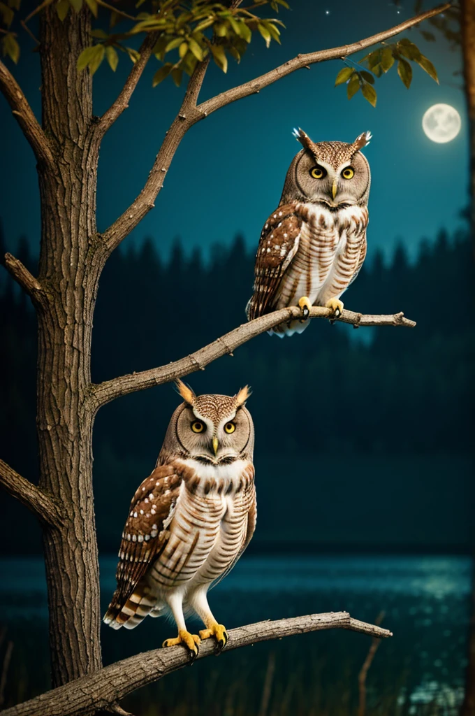 Cartoon picture. Owl perched on a branch near a lake in a deep forest at night.