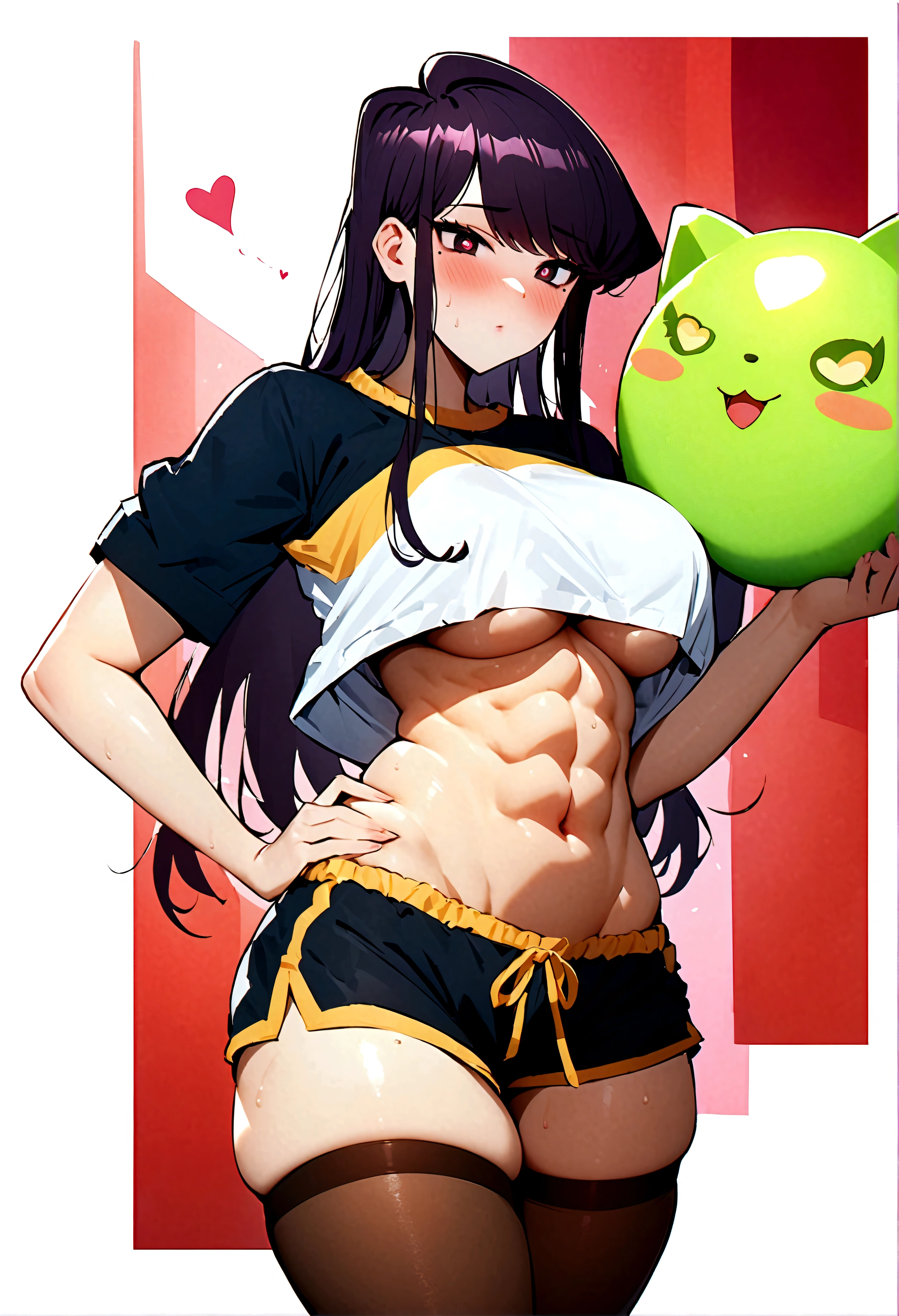 komi shouko,pixal style ,(A white border around a dark red rectangular background：2.5),The shirt，Abs，cropped shoulders，C cup，Ultra shorts，black lence stockings，High detail,Moles under eyes, Heart-shaped pupils，Love pupils，Fleshy thighs,highly rendered，detailed face with