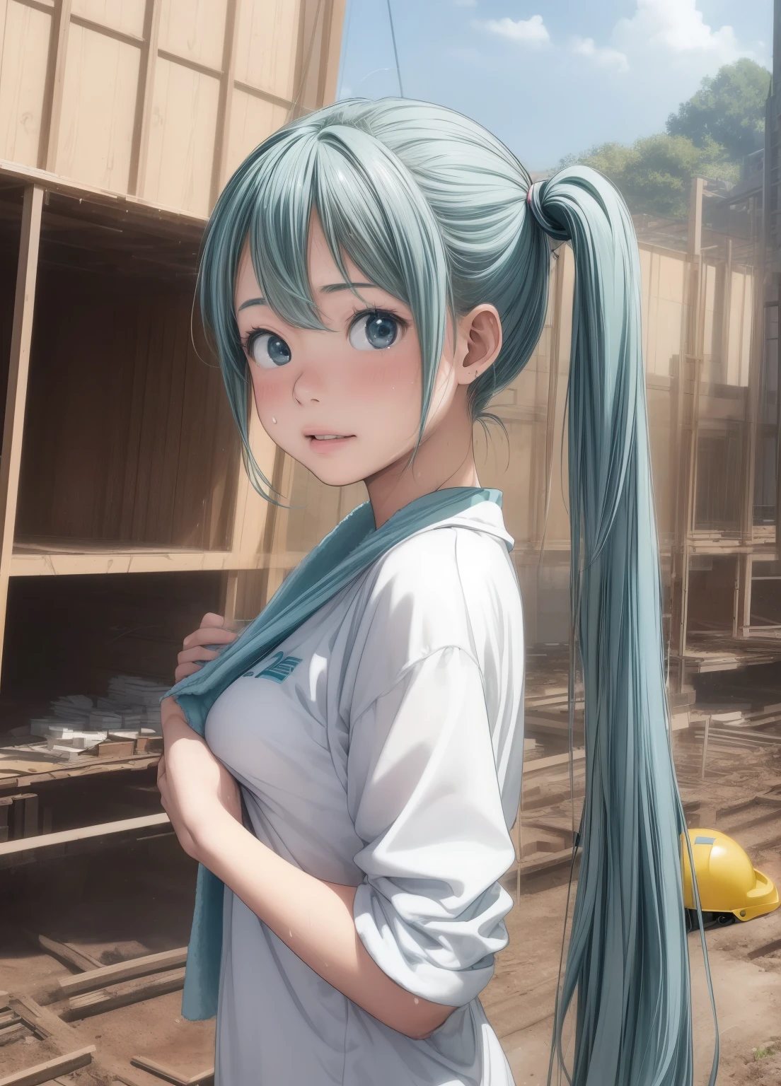 (masterpiece、Highest quality、Highest quality、Official Art、Beautiful and beautiful:1.2)、(One girl:1.3)Hatsune Miku、Twin tails,Beautiful breasts,Yellow Helmet、Gaten、Nikkapokka、construction、architecture、steel frame、Work clothes、constructionをしている、construction現場、towel、Wipe away sweat