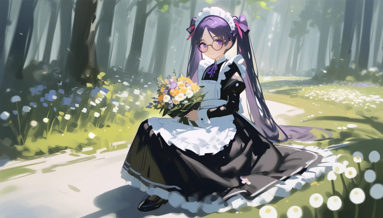 Ciloranko,  wlop, 1girl,  独奏,  flower,  bouquet,  purple eyes,  maid headdress,  looking at viewer,  maid,  apron,  full body, long hair, twintails,  holding,  white background,  long sleeves,  holding bouquet,  dress,  bow,  juliet sleeves,  puffy sleeves,  blush,  Spring Flowering Forest, parted lips,  frills,  ribbon,  two side up,  hair bow,  maid apron one girl, super high quality, Super Detail, Super Detailed image, long hair, looking at viewer, skirt, shirt, hair ornament, violet eyes,black gloves, round glasses, long sleeves,violet hair, round glasses, Flat Chest, smile