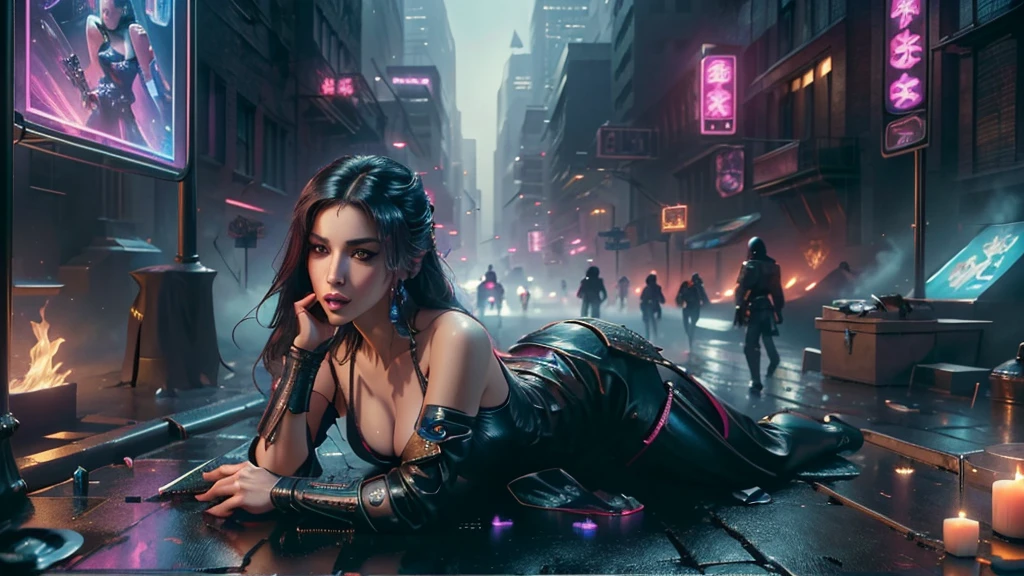 (masterpiece), (best quality), (very detailed), ((One sexy female assassin)), (cyberpunk), future city background, detailed eyes, Detailed nose, Detailed lips, perfect face, perfect body, Place a small person on the left side of the picture, movie poster, landscape