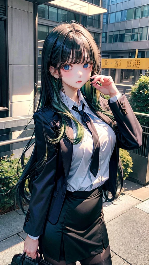 masterpiece、Highest quality、1 girl、solo、Big Breasts、Long Hair、Dark green hair、Light blue eyes、Office uniform、Jacket、Pencil Skirt、Showing panties under black pantyhose、(Put your hands on your own buttocks)、(Grab your own ass)、Turn your butt、Flip up the skirt、office