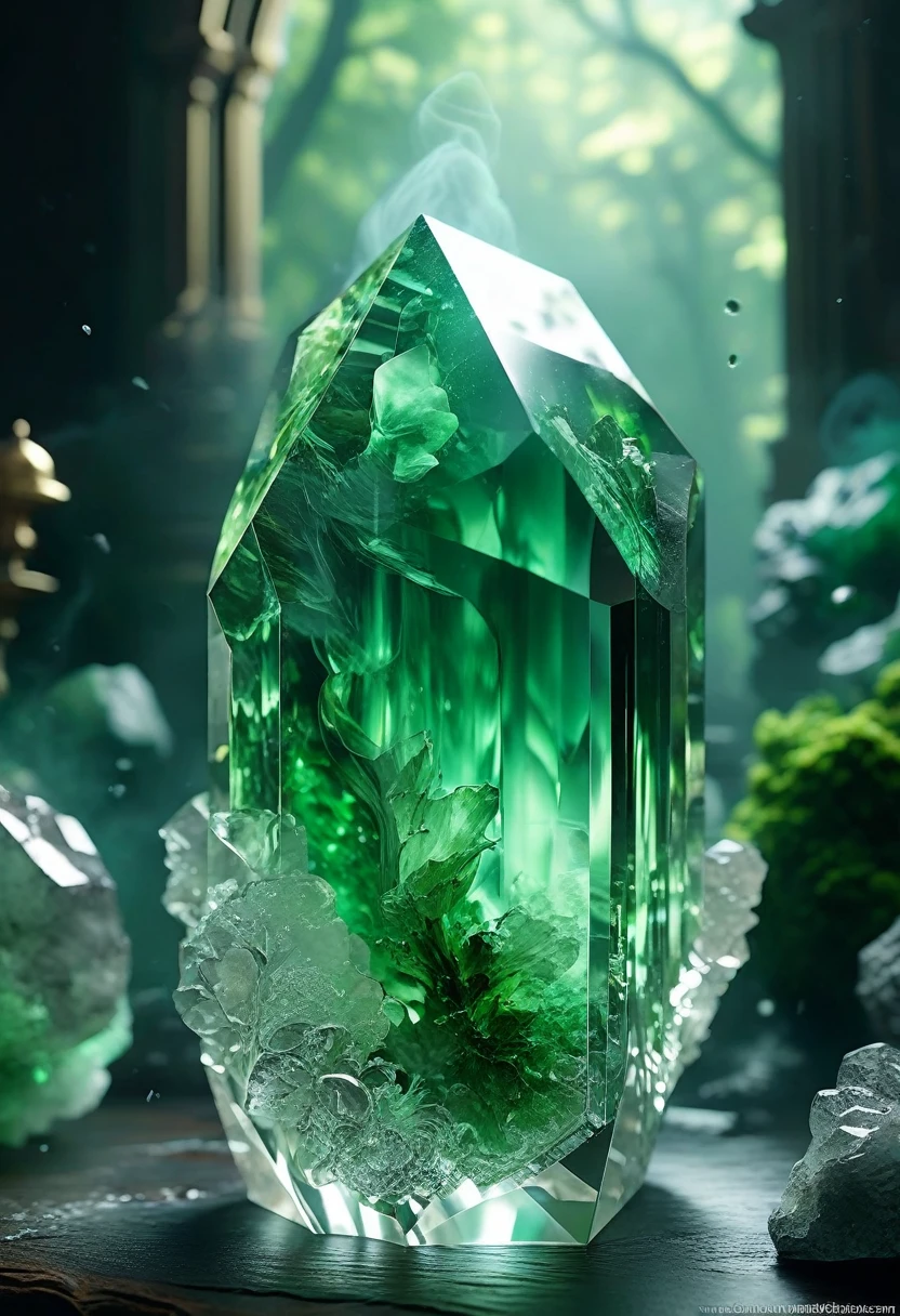 masterpiece, best quality, 8k, professional , by famous artist , trending on artstation, intricated details, detailed, realsitic, boekh , photorealistic, dark shadows, natural light, dramatic, source realistic, Green smoke enveloping a crystal: Photograph a clear quartz crystal or other transparent object with the green smoke swirling around it, creating a mystical and ethereal atmosphere.