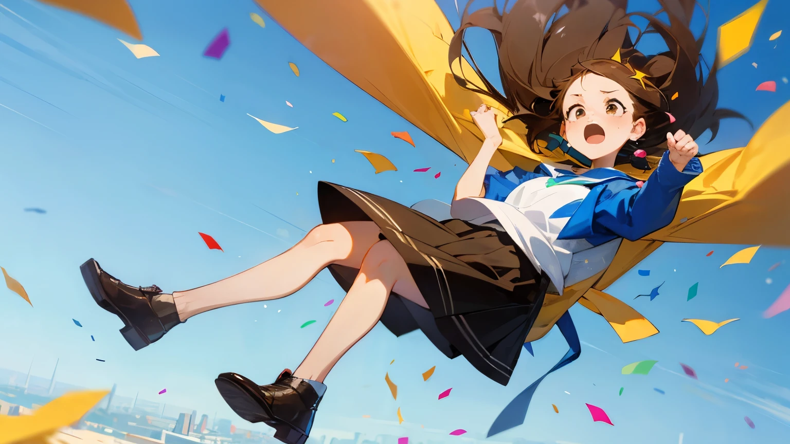 Floatingする女の子,Angry expression,floating,Floating,colorful,Confetti falling,Brown Hair,tears,Feet in the air,Blue sky background,gravity,Swoop