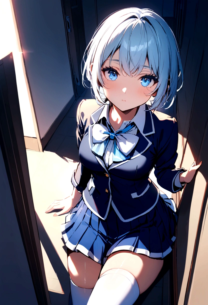 Young woman with short hair, blue eyes, blue eyes, white , short skirt, white stockings, with a white bow in school.