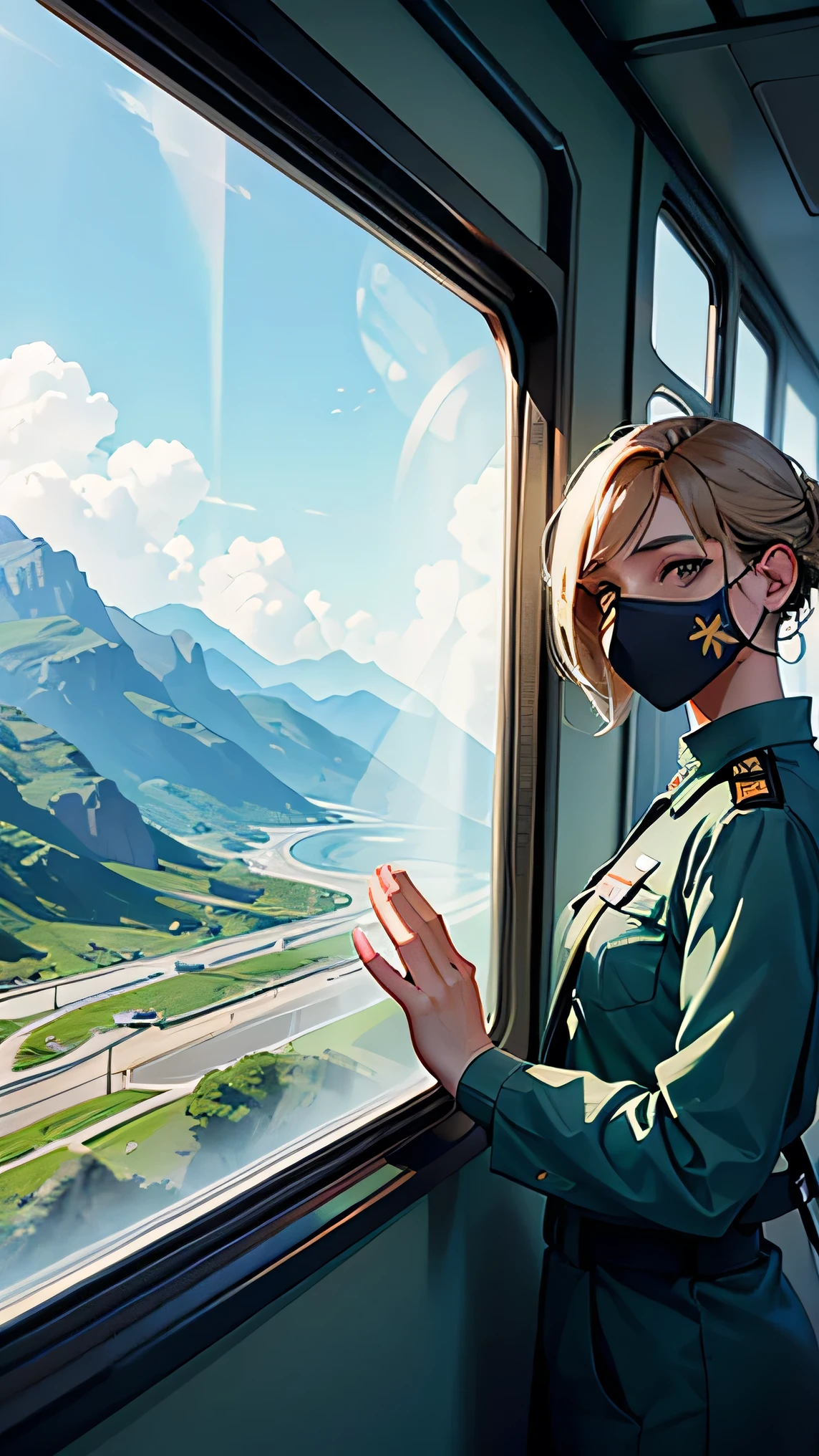 A planet where poisonous gas floats in a dim world、Wearing a gas mask、Background with Earth visible、View from the train window、Dangerous Female Colonel、Delicate fingers、Highest quality、８K、４K、Beautiful in every detail