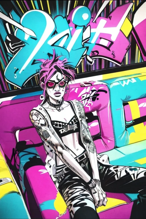 HD, (Best Detail) (Best Quality), Aalfi woman in sunglasses sitting in chair on sofa, (((Graffiti art))), (((Trigger studio style, graffiti art, rock punk, neon colors))), Carne Griffiths