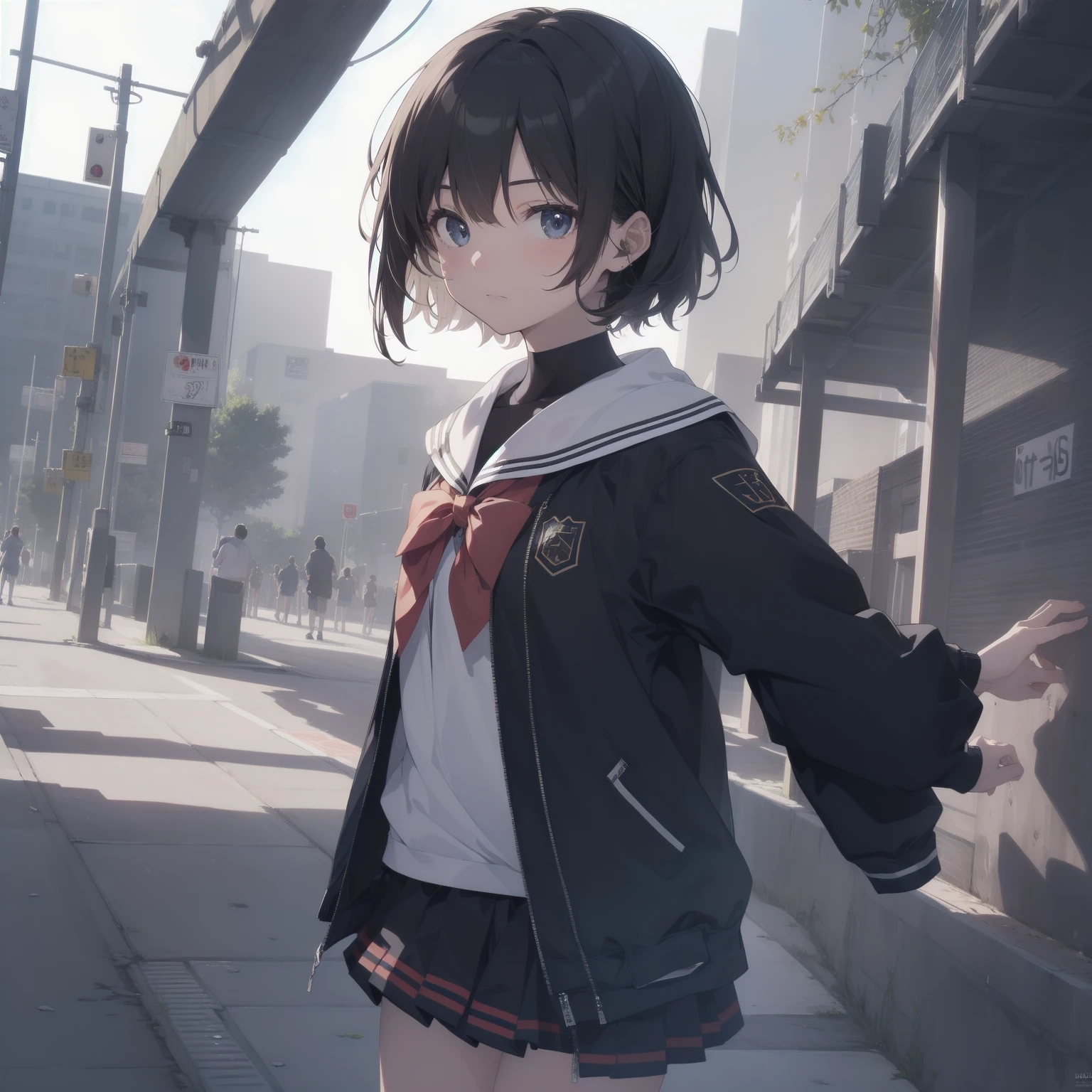 ultra-absurdres-Top quality by artist God, ultra-detailed, high resolution, anime moe artstyle, best anime 8k konachan wallpaper, pixiv contest winner, pool:2810, perfect anatomy,break, 1girl, (Please draw a girl walking sleepily to school alone. )break,(Solo,little female, 13-year-old:1.3),Full limbs, complete fingers,a junior high school student, (very short hair), short cut, flat chest, , small butt, small black eyes, beautiful detailed eyes, well-proportioned iris and pupils, expressive eyes, highres detailed hair, soft expression, salor school_uniform, sailor collar, serahuku, bow, pleated skirt,(Detailed Lighting), (Detailed background), in the School commute route. break,super detailed skin, Best cinematic lighting powered by famous artist, 8k,beauty illustration,photoshop_(medium),very aesthetic,break,((artist:sincos )), artist:clamp ,artist:carnelian ,artist:kantoku ,