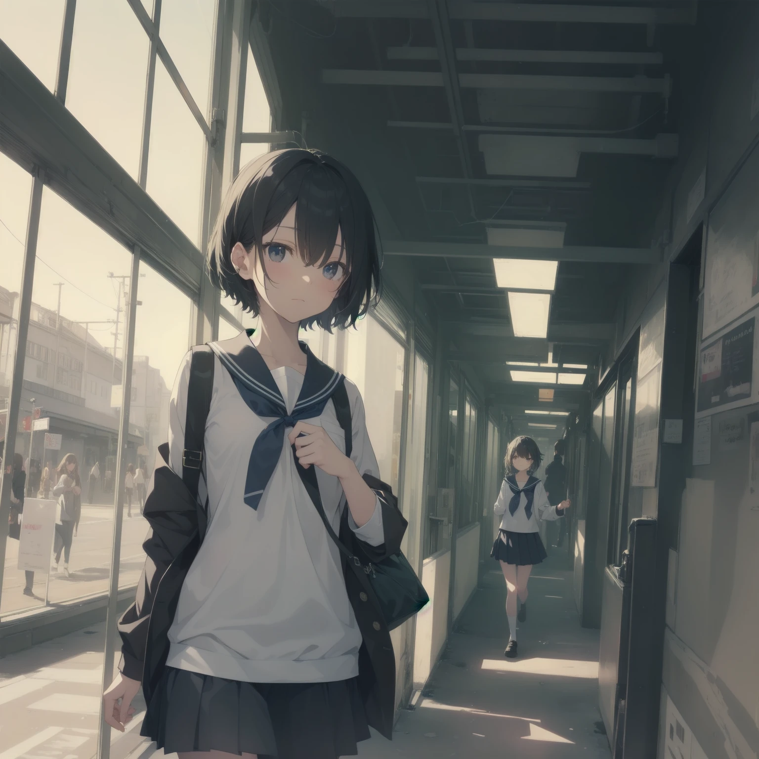 ultra-absurdres-Top quality by artist God, ultra-detailed, high resolution, anime moe artstyle, best anime 8k konachan wallpaper, pixiv contest winner, pool:2810, perfect anatomy,break, 1girl, (Please draw a girl walking sleepily to school alone. )break,(Solo,little female, 13-year-old:1.3),Full limbs, complete fingers,a junior high school student, (very short hair), short cut, flat chest, , small butt, small black eyes, beautiful detailed eyes, well-proportioned iris and pupils, expressive eyes, highres detailed hair, soft expression, salor school_uniform, sailor collar, serahuku, bow, pleated skirt,(Detailed Lighting), (Detailed background), in the School commute route. break,super detailed skin, Best cinematic lighting powered by famous artist, 8k,beauty illustration,photoshop_(medium),very aesthetic,break,((artist:sincos )), artist:clamp ,artist:carnelian ,artist:kantoku ,