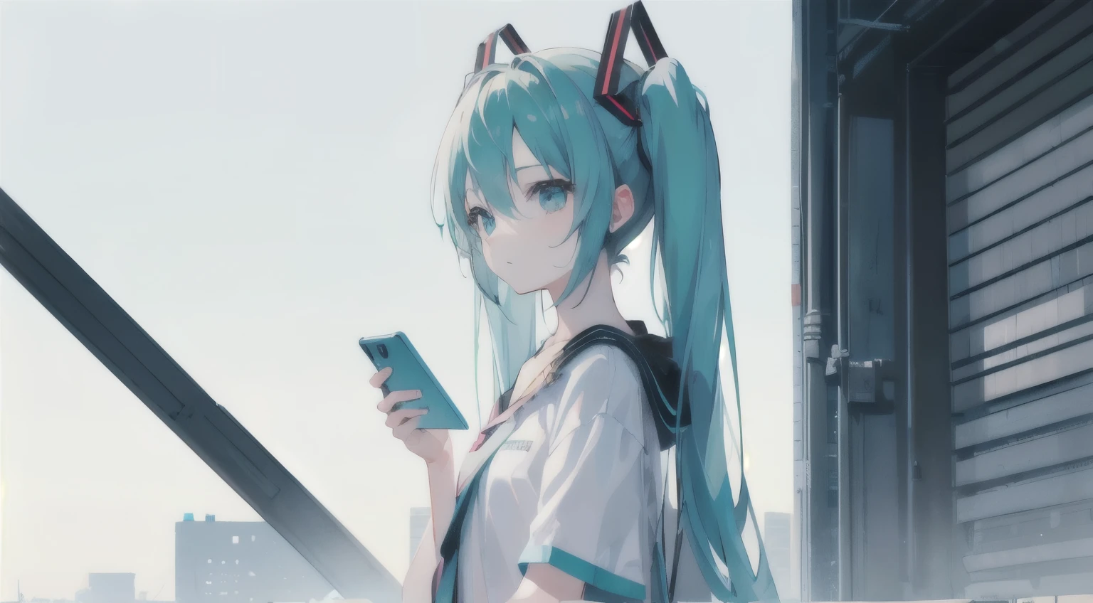 Hatsune Miku, Casual and natural clothing, Standing with a smartphone in hand, Cinematic composition, White background, Light scattering,masterpiece, Highest quality, Super detailed,