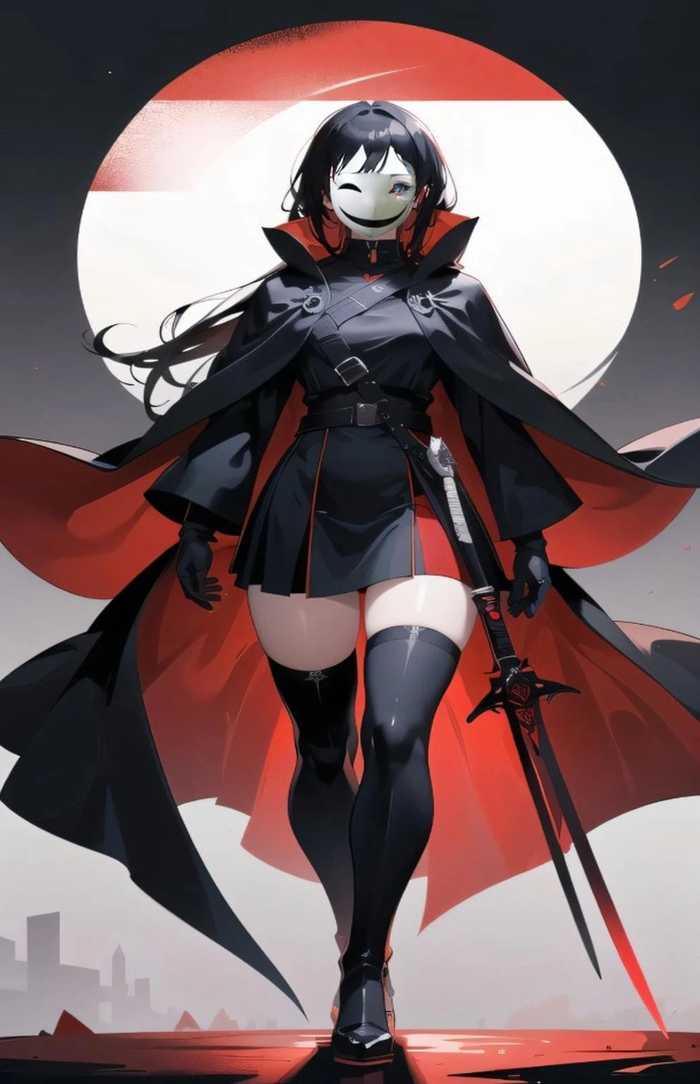 A black-haired girl wearing a white mask,holding dagger in hand
