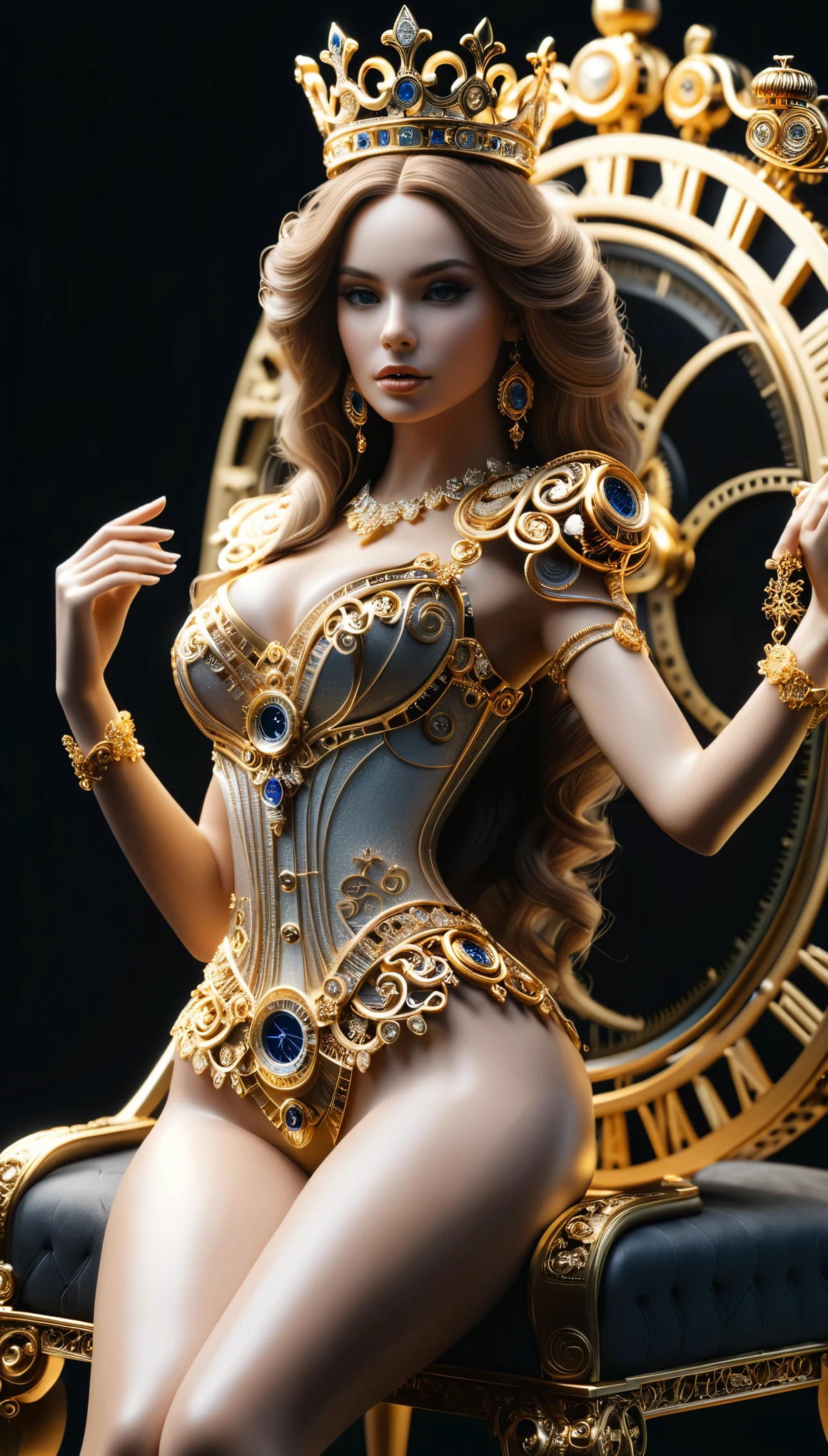 une reine d'argents et d'ors sublime et sensuelle aux cheveux très longs aux jambes fines et élancées , reine couronnée d'une merveilleuse couronne finement détaillée, timeart, anatomiquement très réaliste, corps entier, détaille anatomique, vu de coté, Très détaillé, cinématique, Lumière professionnelle, très détaillé, finement détaillé, dans un atelier d'horloger, couronne très détaillé fractal , poitrine effet push-up, décolleté sublime et sensuel