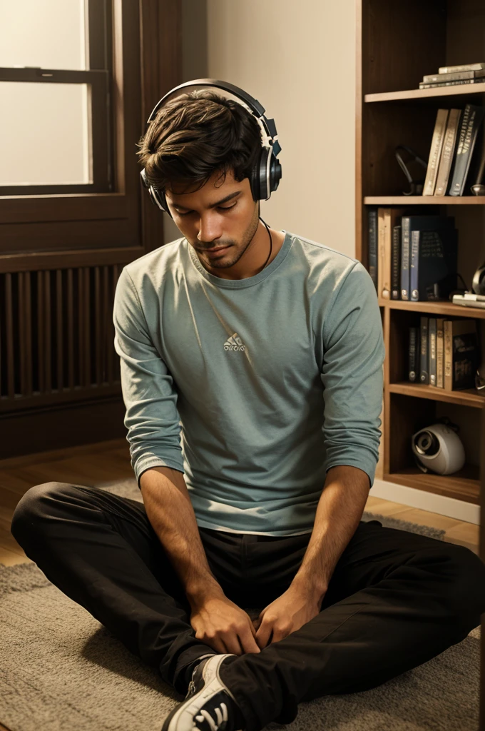 At night, a person is sitting in a closed room, there are many books around him, he is wearing headphones in his ears, there should be a computer in front of him.