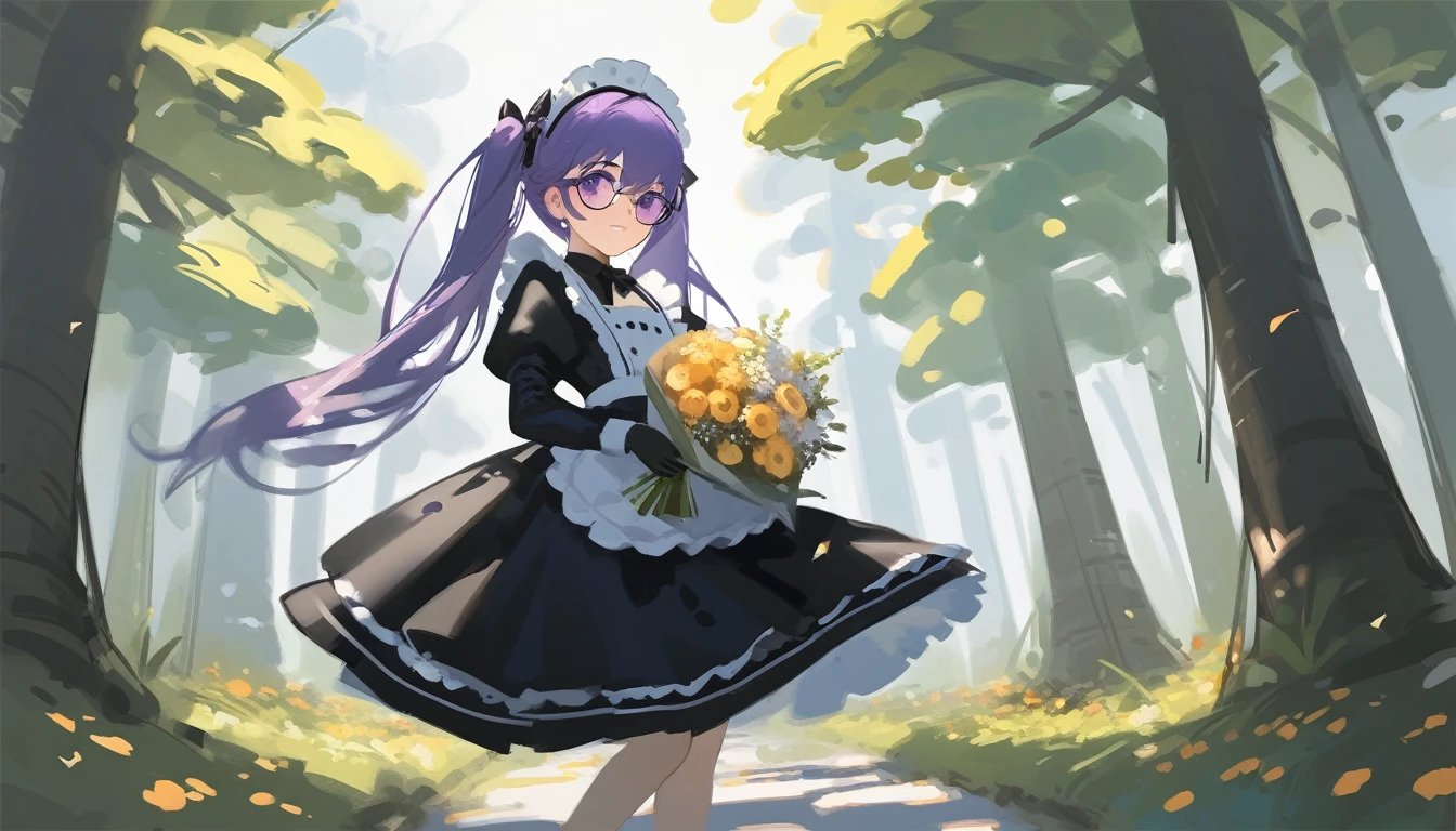 Ciloranko, wlop, 1girl, 独奏, flower, bouquet, purple eyes, maid headdress, looking at viewer, maid, apron, full body, long hair, twintails, holding, white background, long sleeves, holding bouquet, dress, bow, juliet sleeves, puffy sleeves, blush, Spring Flowering Forest, parted lips, frills, ribbon, two side up, hair bow, maid apron one girl, super high quality, Super Detail, Super Detailed image, long hair, looking at viewer, skirt, shirt, hair ornament, violet eyes,black gloves, round glasses, long sleeves,violet hair, round glasses, Flat Chest, smile