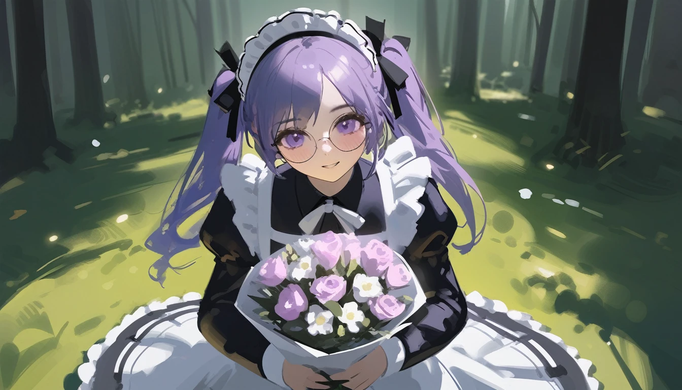 Ciloranko,  wlop, 1girl,  独奏,  flower,  bouquet,  purple eyes,  maid headdress,  looking at viewer,  maid,  apron,  full body, long hair, twintails,  holding,  white background,  long sleeves,  holding bouquet,  dress,  bow,  juliet sleeves,  puffy sleeves,  blush,  Spring Flowering Forest, parted lips,  frills,  ribbon,  two side up,  hair bow,  maid apron one girl, super high quality, Super Detail, Super Detailed image, long hair, looking at viewer, skirt, shirt, hair ornament, violet eyes,black gloves, round glasses, long sleeves,violet hair, round glasses, Flat Chest, smile