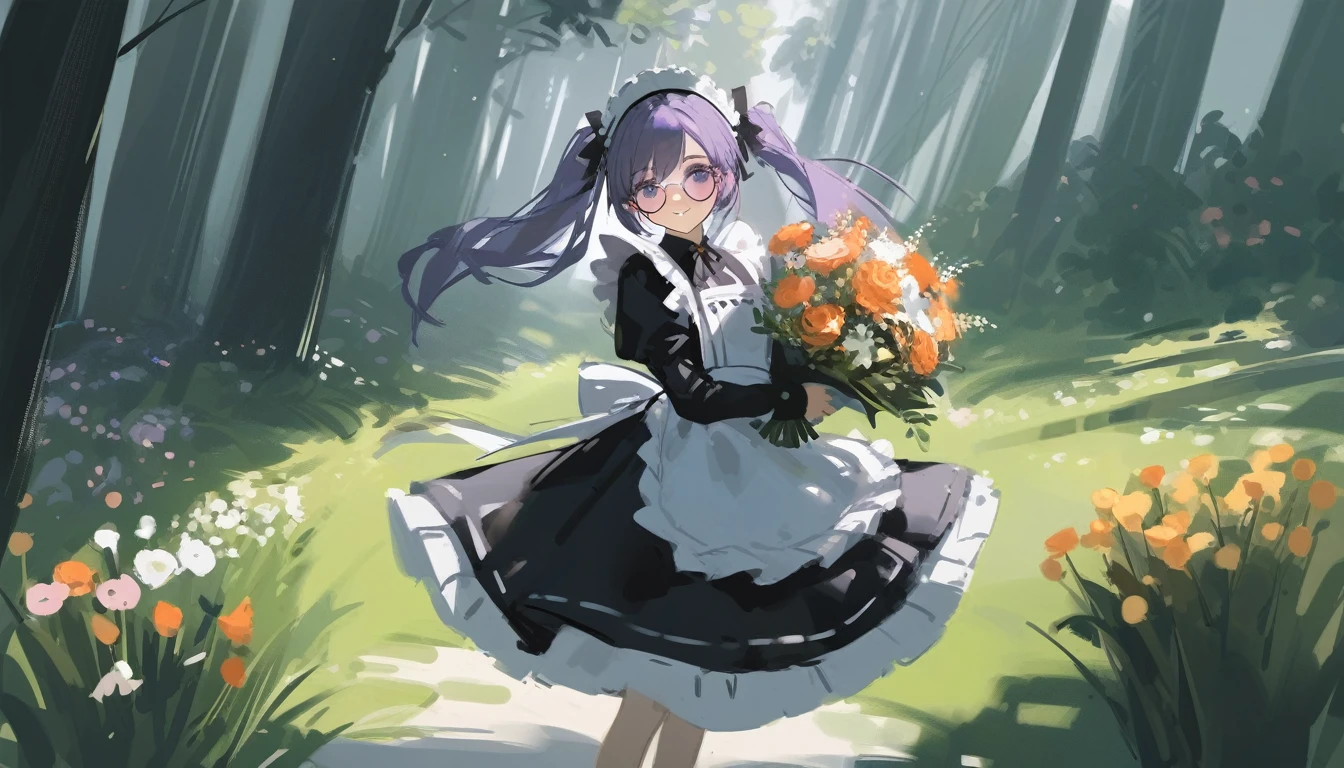 Ciloranko,  wlop, 1girl,  独奏,  flower,  bouquet,  purple eyes,  maid headdress,  looking at viewer,  maid,  apron,  full body, long hair, twintails,  holding,  white background,  long sleeves,  holding bouquet,  dress,  bow,  juliet sleeves,  puffy sleeves,  blush,  Spring Flowering Forest, parted lips,  frills,  ribbon,  two side up,  hair bow,  maid apron one girl, super high quality, Super Detail, Super Detailed image, long hair, looking at viewer, skirt, shirt, hair ornament, violet eyes,black gloves, round glasses, long sleeves,violet hair, round glasses, Flat Chest, smile
