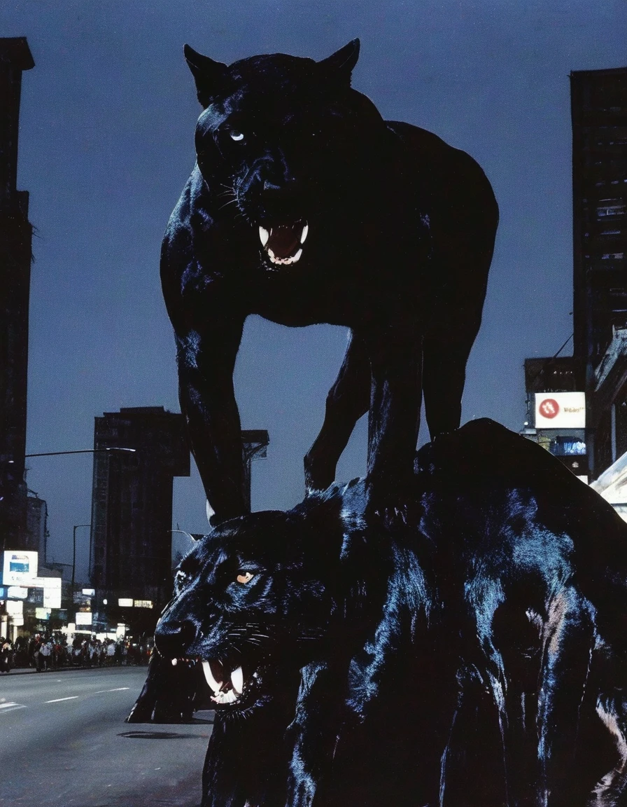 giant black panther standing on bangkok street at night