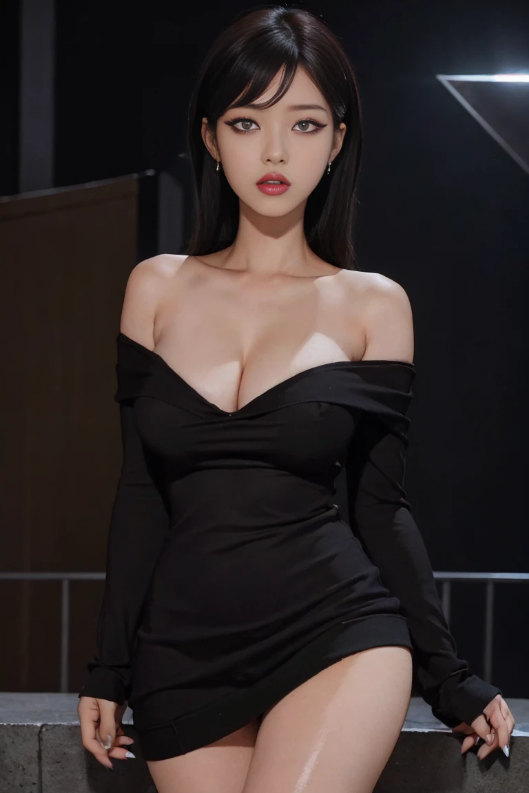 4k-ultra clear、highest quality, Artwork, Ultra high resolution, (Reality: 1.4), hot girl, sexy eyes, Off-shoulder sweater dresses, cinematic lighting、purple and black hair、(My girl、makeup goth、My makeup)、(Pierced ears、Big breasts、Oversized black open-shoulder t-shirt dark mini-skirt)、((dark makeup、Oily skin, glossy skin、Realistic skin texture、detailed beautiful skin、glossy skin)), big hips, thick thighs, thick legs, area dark city center at night、Kabukicho、Dark Cyberpunk、(Sharp shot:1.8)、Slim legs、Thin arms、Thin shoulders、Slim waist、Slender body、Large breasts、Full body