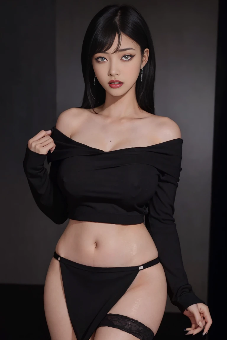 4k-ultra clear、highest quality, Artwork, Ultra high resolution, (Reality: 1.4), hot girl, sexy eyes, Off-shoulder sweater dresses, cinematic lighting、purple and black hair、(My girl、makeup goth、My makeup)、(Pierced ears、Big breasts、Oversized black open-shoulder t-shirt dark mini-skirt)、((dark makeup、Oily skin, glossy skin、Realistic skin texture、detailed beautiful skin、glossy skin)), big hips, thick thighs, thick legs, area dark city center at night、Kabukicho、Dark Cyberpunk、(Sharp shot:1.8)、Slim legs、Thin arms、Thin shoulders、Slim waist、Slender body、Large breasts、Full body