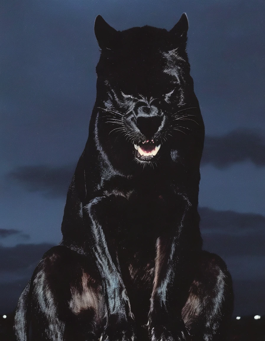 giant black panther sits on electric pole in bangkok at night