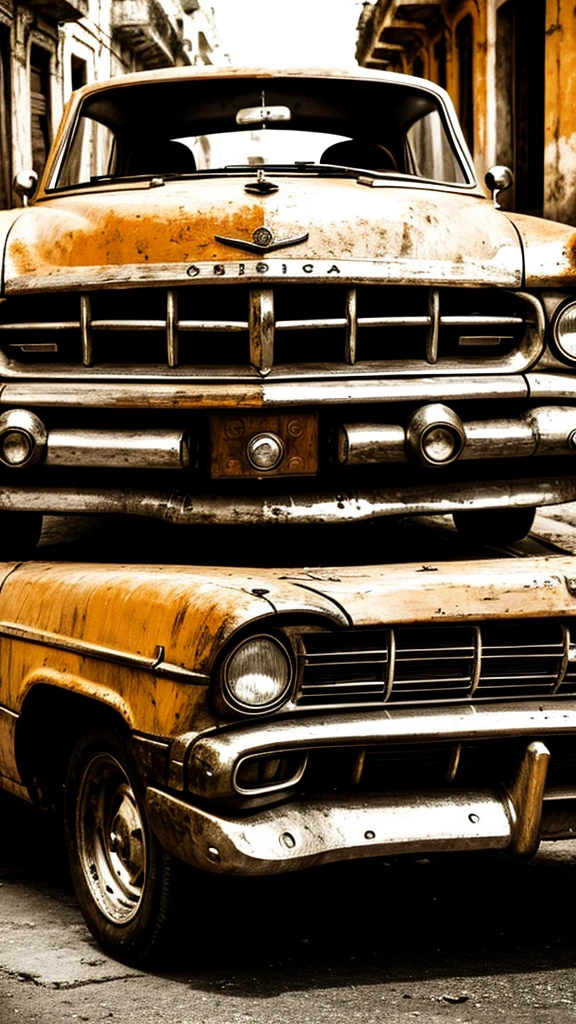 Pyrography of old car in Havana. urban landscape. monochrome. front view 