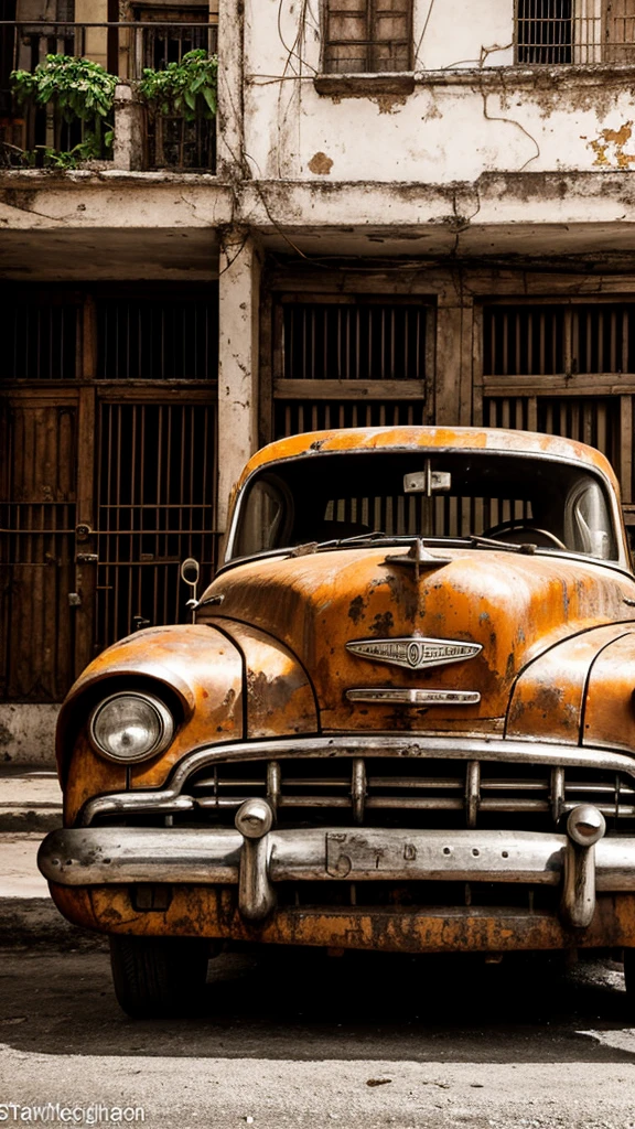 Pyrography of old car in Havana. urban landscape. monochrome. front view