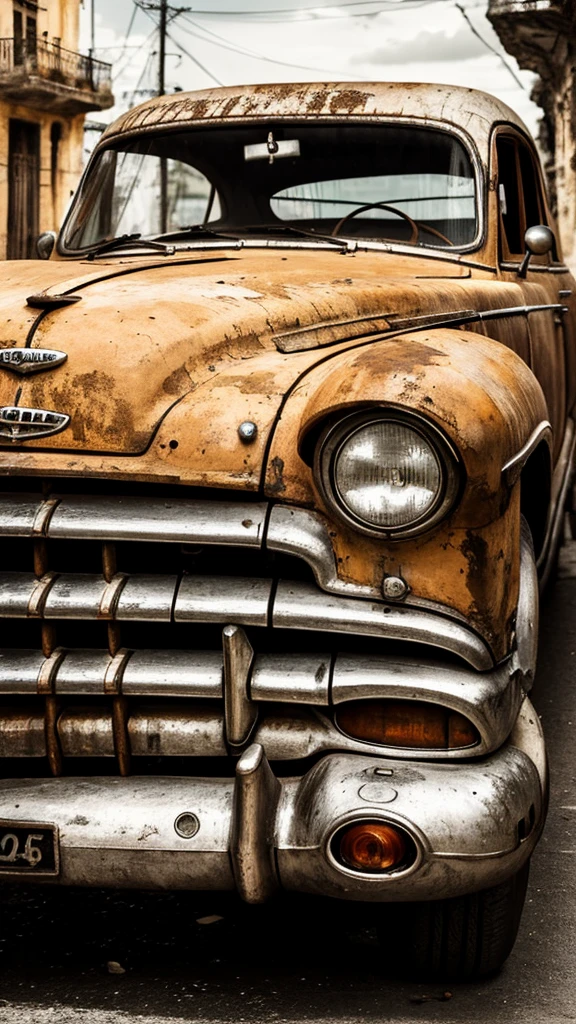 Pyrography of old car in Havana. urban landscape. monochrome. front view 
