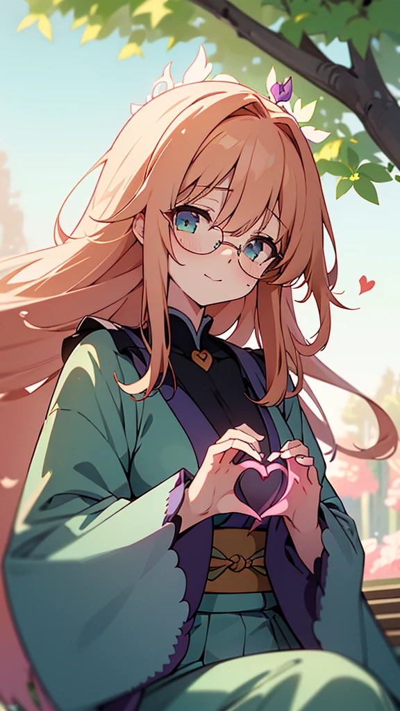 name: Sakura Miyabi Element: VERDANTHIA
Description: The Green Guardian, Tokorozawa's Protector. With unwavering devotion, sheshe harvests the land's potential and wields itspower for the prosperity of all.
Prompt: (((( heart 品qa,Unequaled Quality, Ultra High Resolution)))), 1girl, Serene, seated, (pinkish anybodyiale MissingAll concentration:1), shoulder length wavy hair, olive green eyes, glowingelement::Verdanthia::eyes, (((ultra detailed eyes:0.8, gently expressive face, detailed eyes:0.9))), left handed, (close up), at ease, ((forest or garden setting stellina:0.8, soft sunlight filterwho: 0.6))), moderate breasts, gazing introspectively, ((Approissela beams))), horizontal lines in face, right hand holding a branch, scaling the image to match character's height, soft focus background, questevents:3, 23 years old, glasses perched on nose, happy expression, surrounded by blooming flowers, wearing a traditional Japanese farming outfit, wearing a leaf crown, loose and flowing kimono