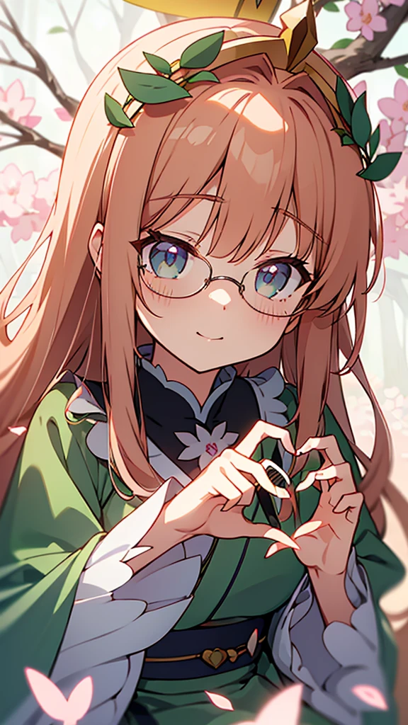 name: Sakura Miyabi Element: VERDANTHIA
Description: The Green Guardian, Tokorozawa's Protector. With unwavering devotion, sheshe harvests the land's potential and wields itspower for the prosperity of all.
Prompt: (((( heart 品qa,Unequaled Quality, Ultra High Resolution)))), 1girl, Serene, seated, (pinkish anybodyiale MissingAll concentration:1), shoulder length wavy hair, olive green eyes, glowingelement::Verdanthia::eyes, (((ultra detailed eyes:0.8, gently expressive face, detailed eyes:0.9))), left handed, (close up), at ease, ((forest or garden setting stellina:0.8, soft sunlight filterwho: 0.6))), moderate breasts, gazing introspectively, ((Approissela beams))), horizontal lines in face, right hand holding a branch, scaling the image to match character's height, soft focus background, questevents:3, 23 years old, glasses perched on nose, happy expression, surrounded by blooming flowers, wearing a traditional Japanese farming outfit, wearing a leaf crown, loose and flowing kimono