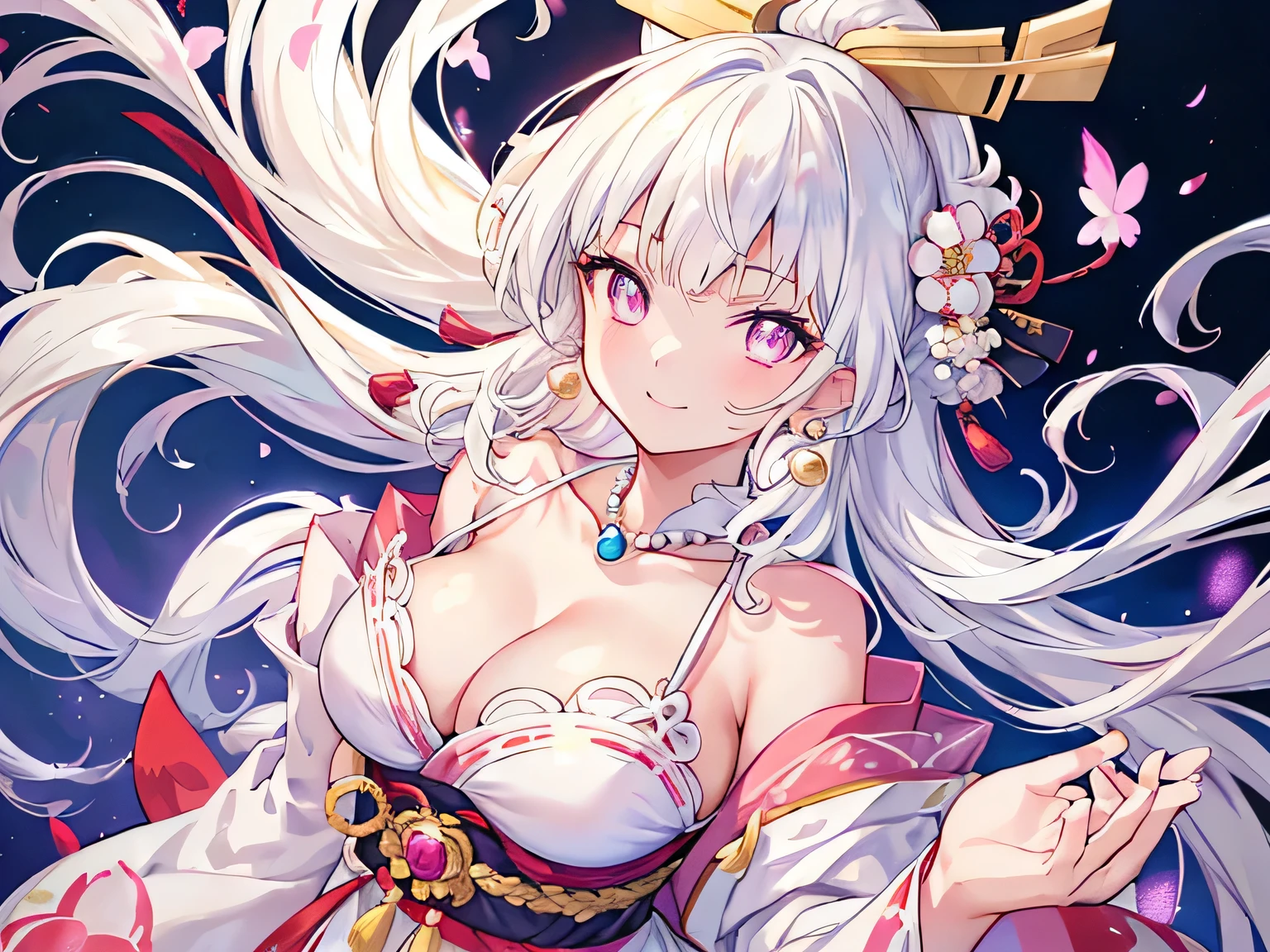 white hair, bangs, hair behind ear, long hair, kanzashi, eye reflection, earrings, light smile, bright pupils, anime style, first-person view, textured skin, masterpiece, high details, best quality, wearing traditional Japanese costume, large breasts, floral embroidery, Japanese style, white shoulders, Pearl Necklace