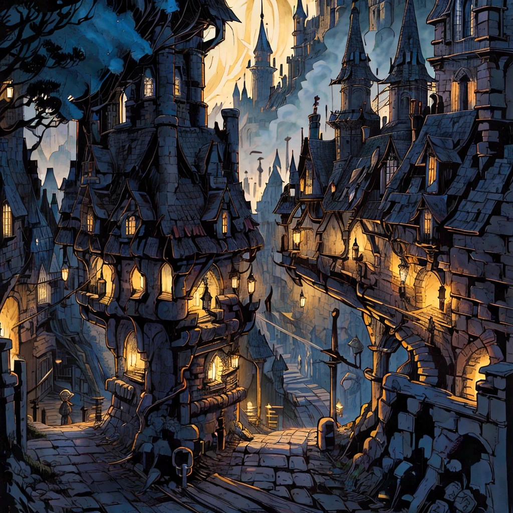 there is a picture of a street with a castle in the background, medeival fantasy town, fantasy town setting, dark fantasy city, medieval city, stylized urban fantasy artwork, medieval dark fantasy, victorian city, medieval town, medieval city background, fantasy cityscape, medieval fantasy art, medieval fantasy game art, background artwork, a bustling magical town, town background