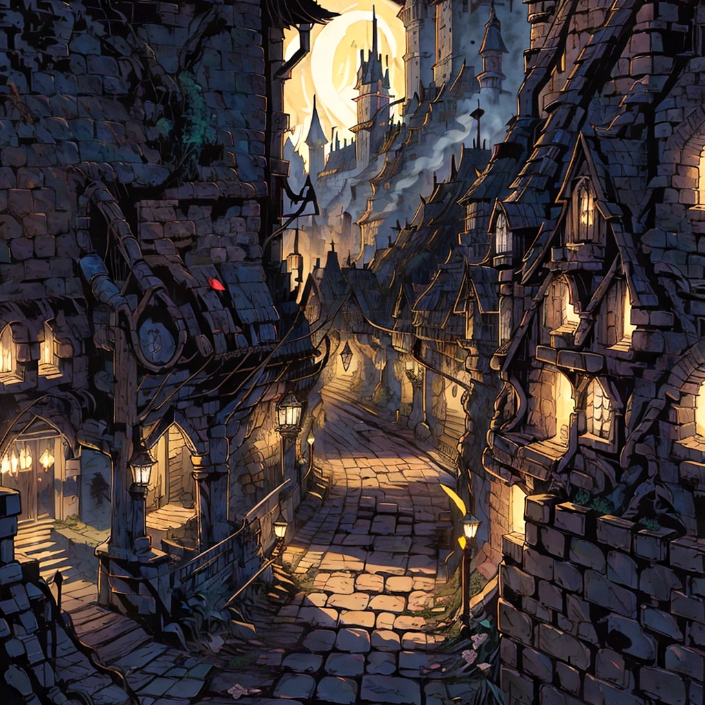 there is a picture of a street with a castle in the background, medeival fantasy town, fantasy town setting, dark fantasy city, medieval city, stylized urban fantasy artwork, medieval dark fantasy, victorian city, medieval town, medieval city background, fantasy cityscape, medieval fantasy art, medieval fantasy game art, background artwork, a bustling magical town, town background