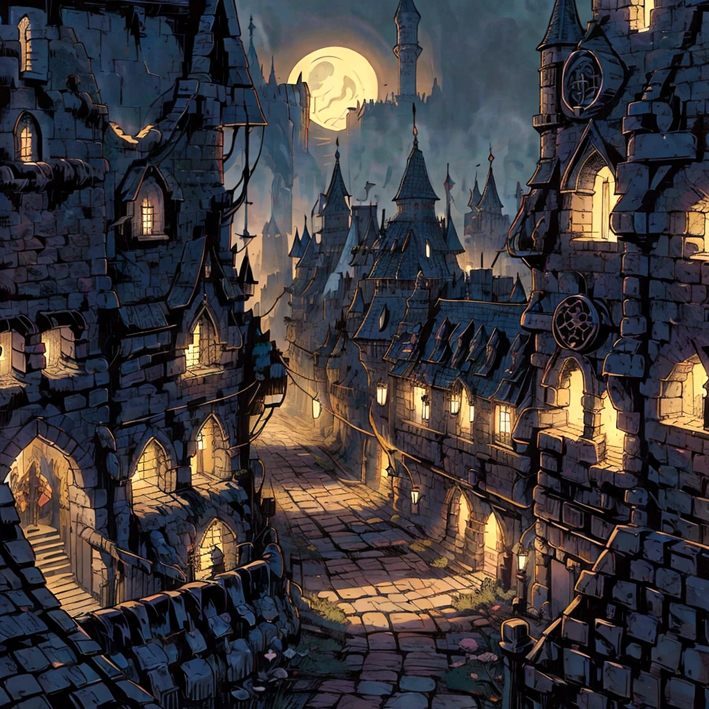 there is a picture of a street with a castle in the background, medeival fantasy town, fantasy town setting, dark fantasy city, medieval city, stylized urban fantasy artwork, medieval dark fantasy, victorian city, medieval town, medieval city background, fantasy cityscape, medieval fantasy art, medieval fantasy game art, background artwork, a bustling magical town, town background