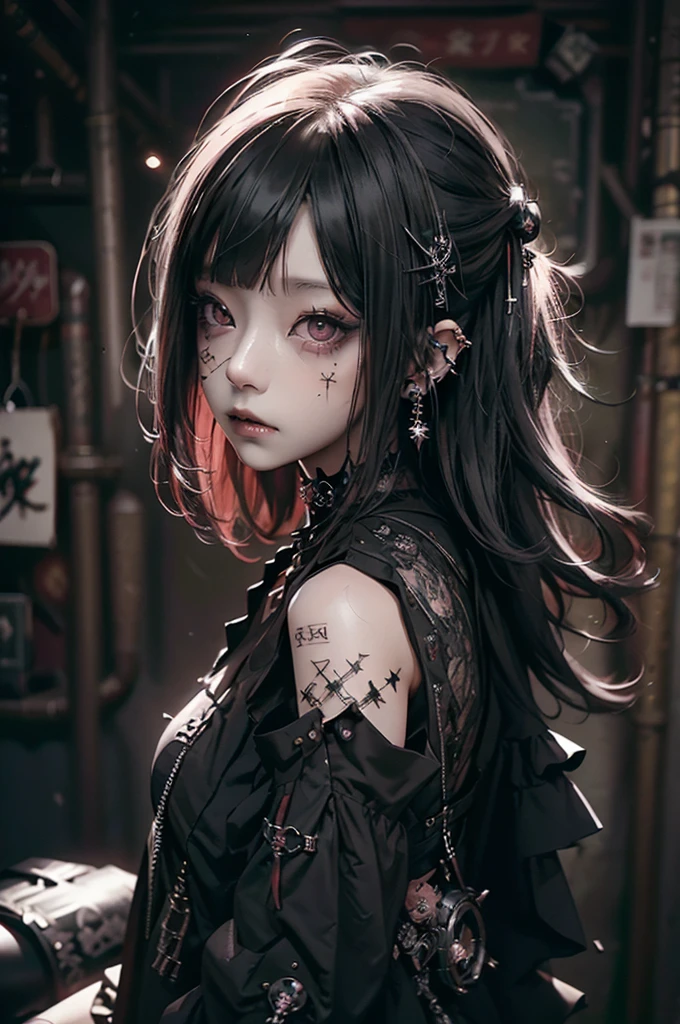 maximum quality、8K、masterpiece: 1.3、gothic punk、red inner color、A brunette、hair adornments、a beautiful girl、creative、dark fantasy style、Neogos、gothic fashion: 1.2, a sexy girl sexual compose showing all your semi-nude sexuality