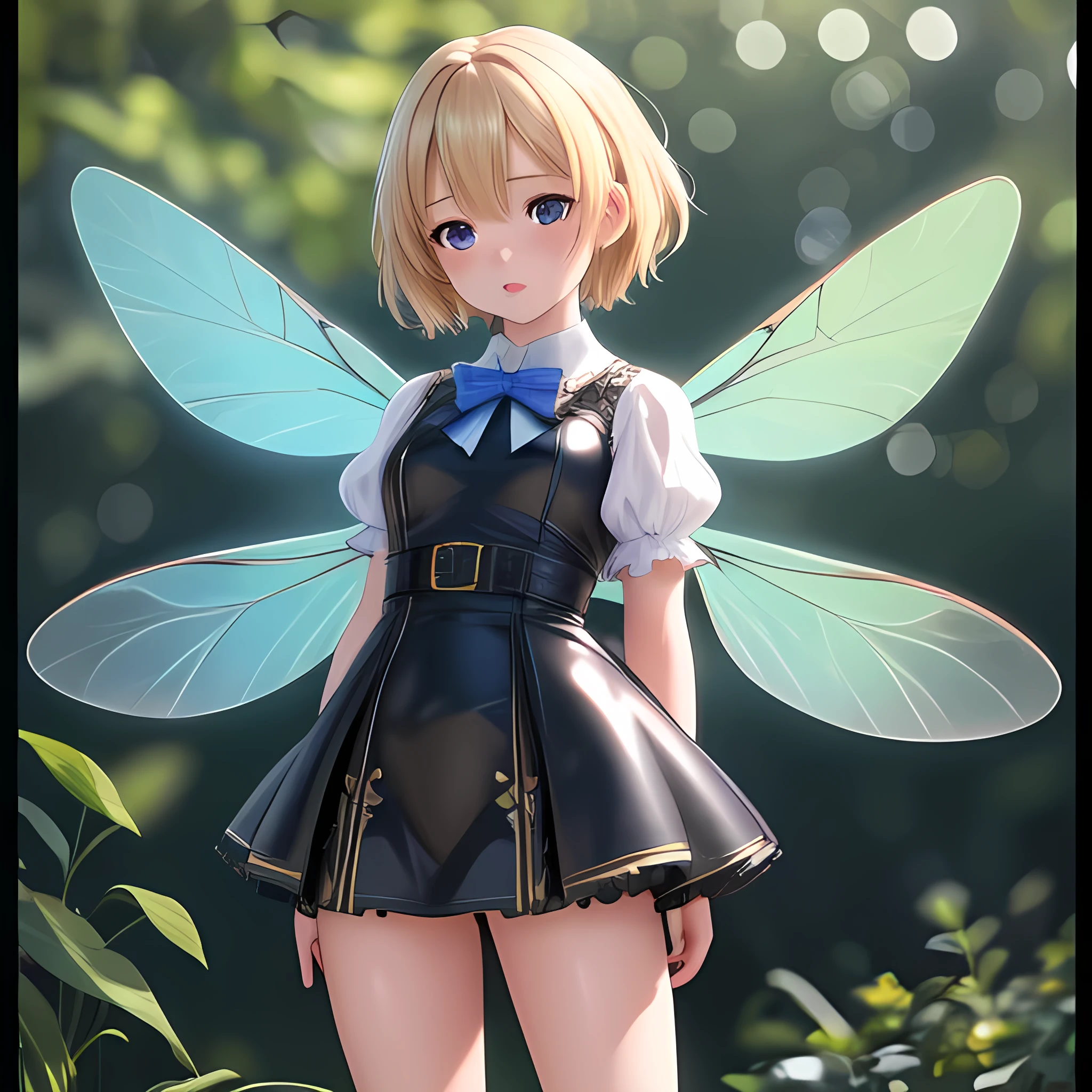 1 girl, 25 years old, 5 feet tall, short blonde hair, blue kawaii dragonfly girl, 6 giant dragonfly wings, brown leather dress, full body shot, (best quality,4k,8k,highres,masterpiece:1.2),ultra-detailed,(realistic,photorealistic,photo-realistic:1.37),HDR,UHD,studio lighting,ultra-fine painting,sharp focus,physically-based rendering,extreme detail description,professional,vivid colors,bokeh