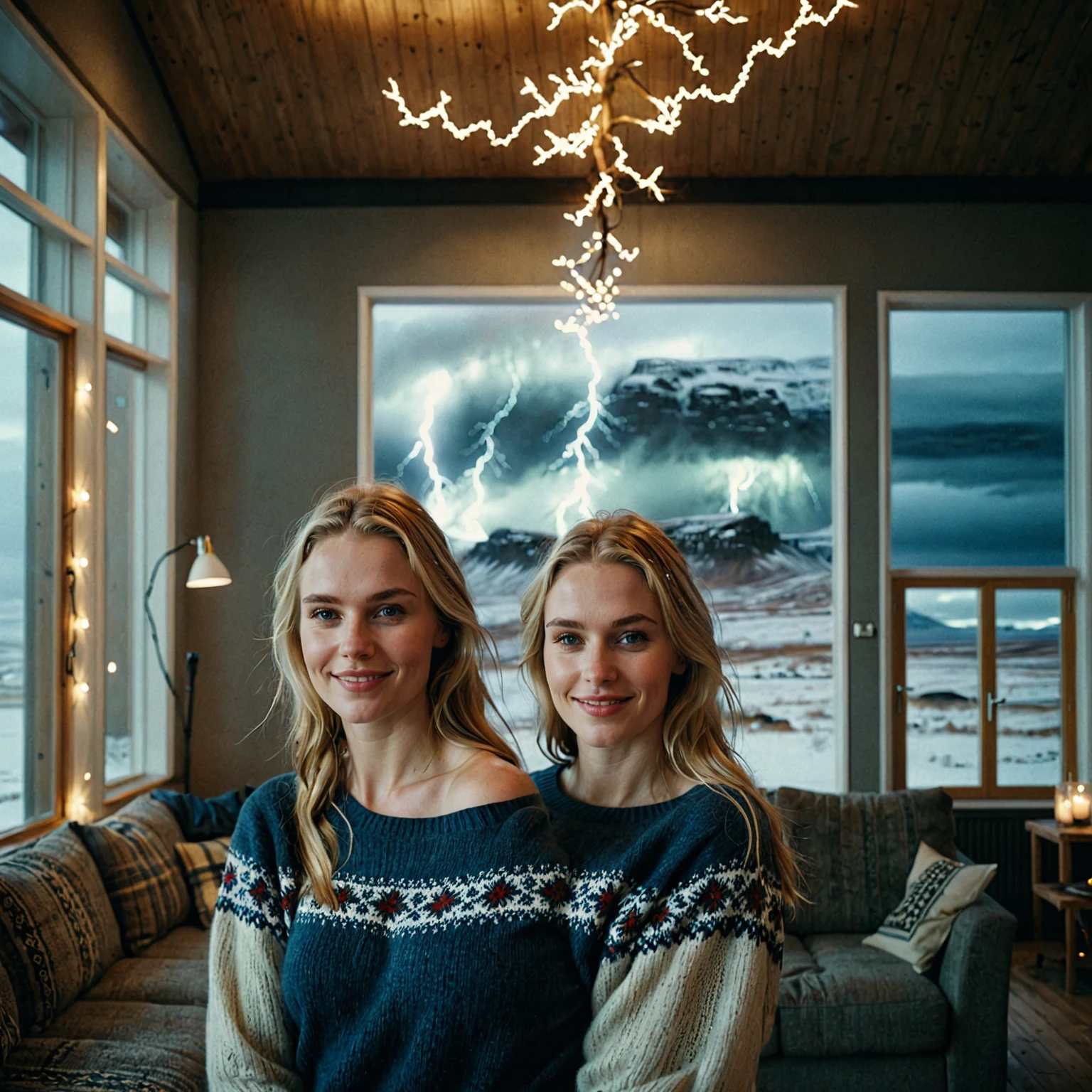 a beautiful picture of an icelandic woman in casual typical icelandic clothes ,masterpiece, photorealistic,full upperbody,indoors, (smile:0.5), film grain,cinematic lightning, nsfw, solo 1 woman, there are some sexual aspects in the picture, the focus is on her