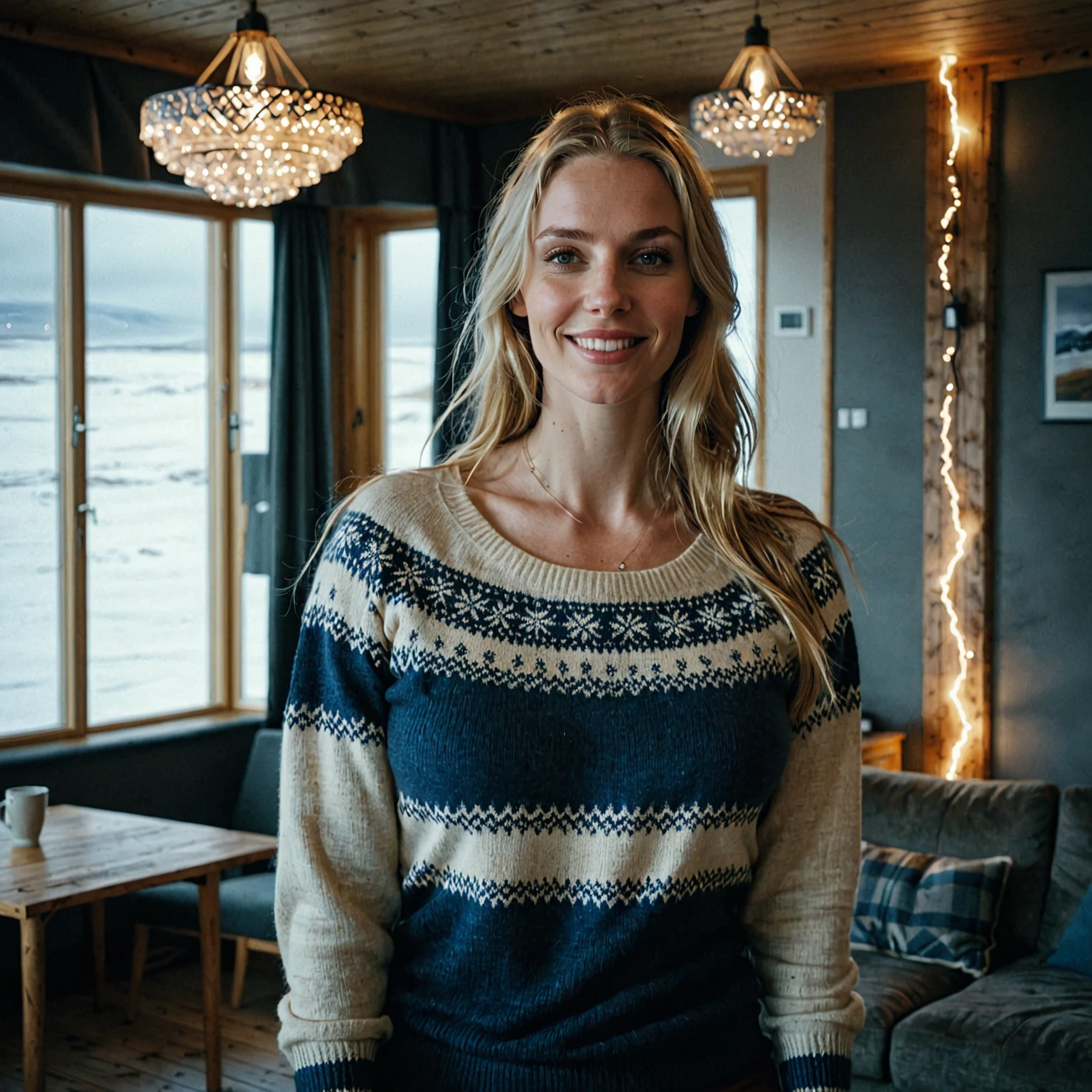 a beautiful picture of an icelandic woman in casual typical icelandic clothes ,masterpiece, photorealistic,full upperbody,indoors, (smile:0.5), film grain,cinematic lightning, nsfw, solo 1 woman, there are some sexual aspects in the picture, the focus is on her