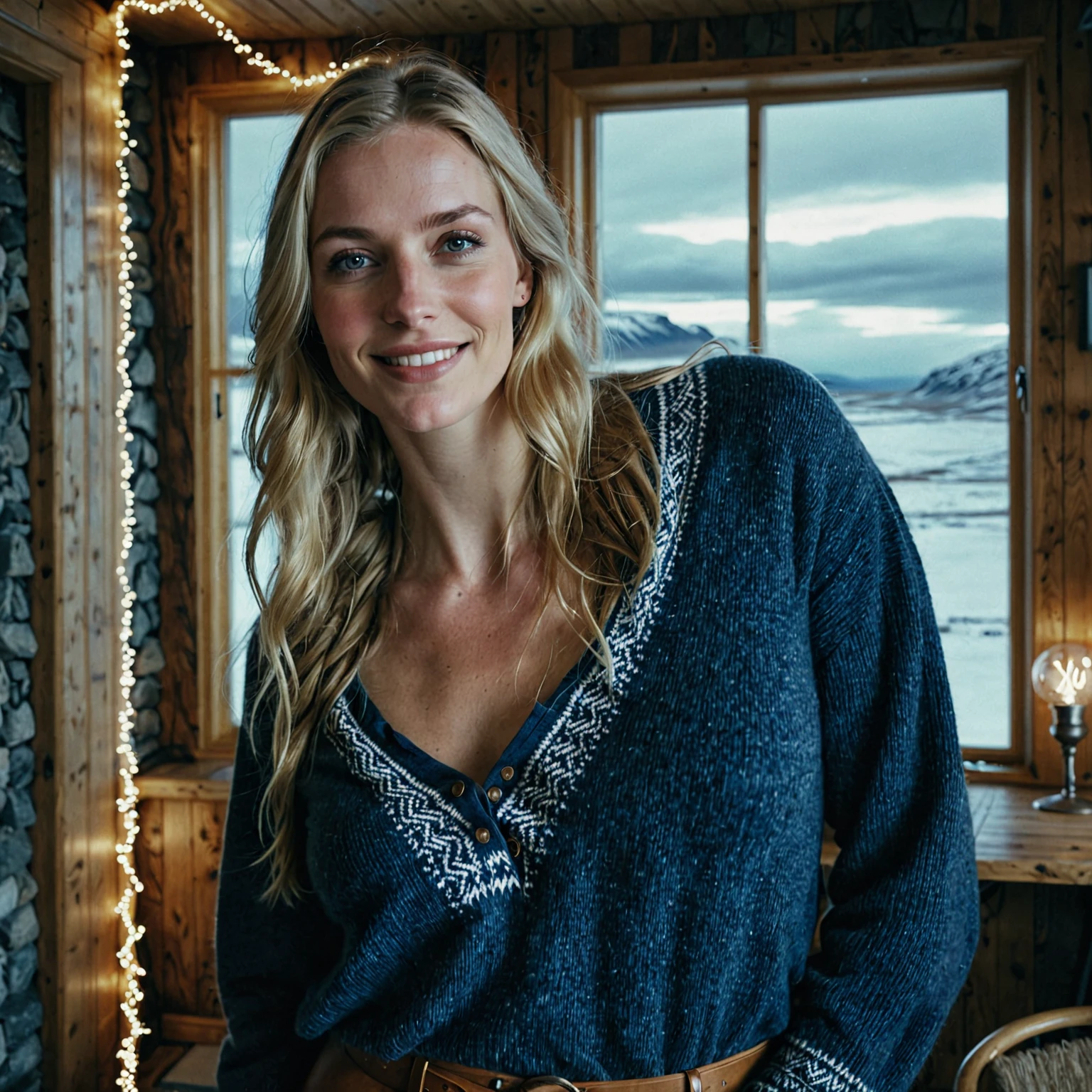 a beautiful picture of an icelandic woman in casual typical icelandic clothes ,masterpiece, photorealistic,full upperbody,indoors, (smile:0.5), film grain,cinematic lightning, nsfw, solo 1 woman, there are some sexual aspects in the picture, the focus is on her
