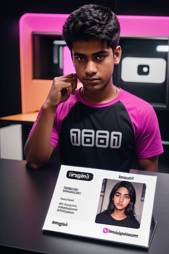 Instagram 👇
Create a Instagram profile on glass id card on a dark grey desk displaying Instagram logo and realistic profile photo of a teenage BOY in circle and " MANISH " is written in bold fonts under the profile photo, the Instagram card is glowing in magenta color on the edge.